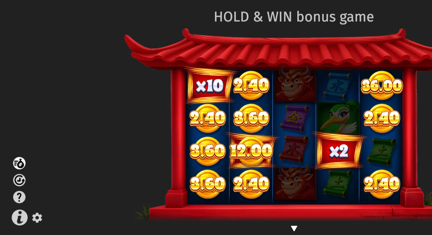 A Chinese-inspired slot machine displays a Hold & Win bonus game with golden coin values, x2 and x10 multipliers, scrolls, and stylized animal symbols.