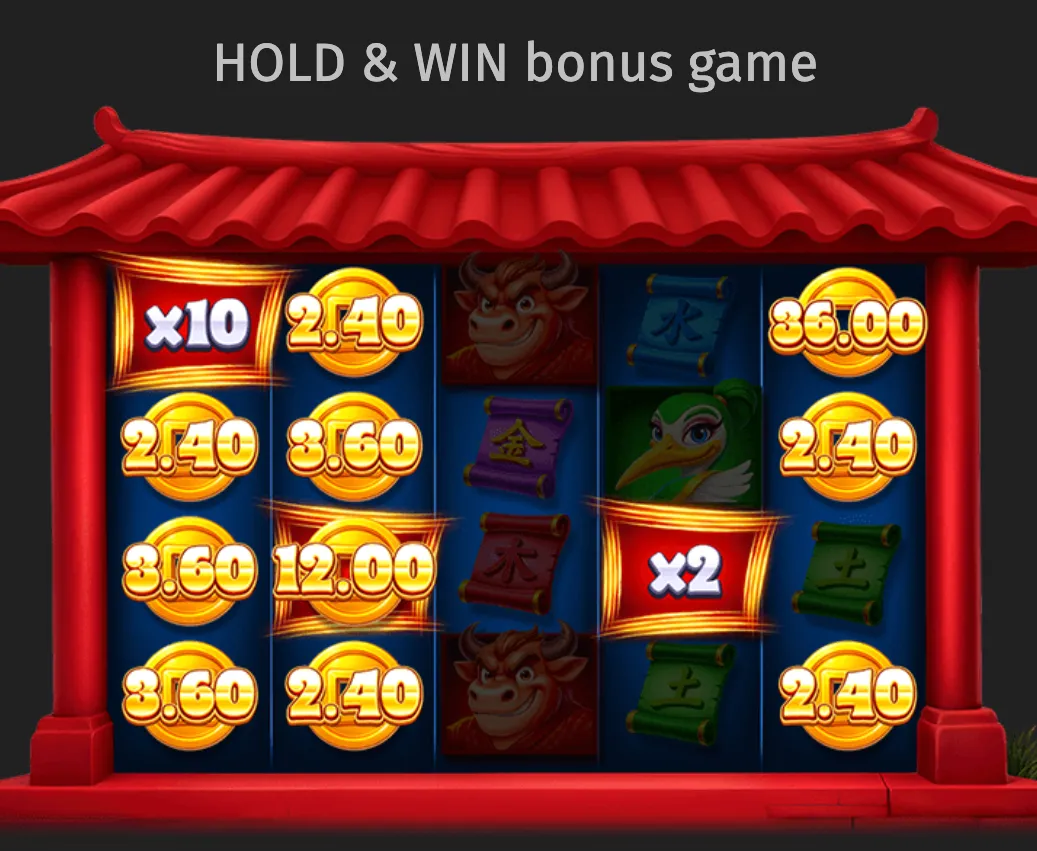 Wild Tiger 2 Hold & Win bonus game with gold coin values, x2 and x10 multipliers, Chinese temple architecture, animal symbols, and colorful scrolls.