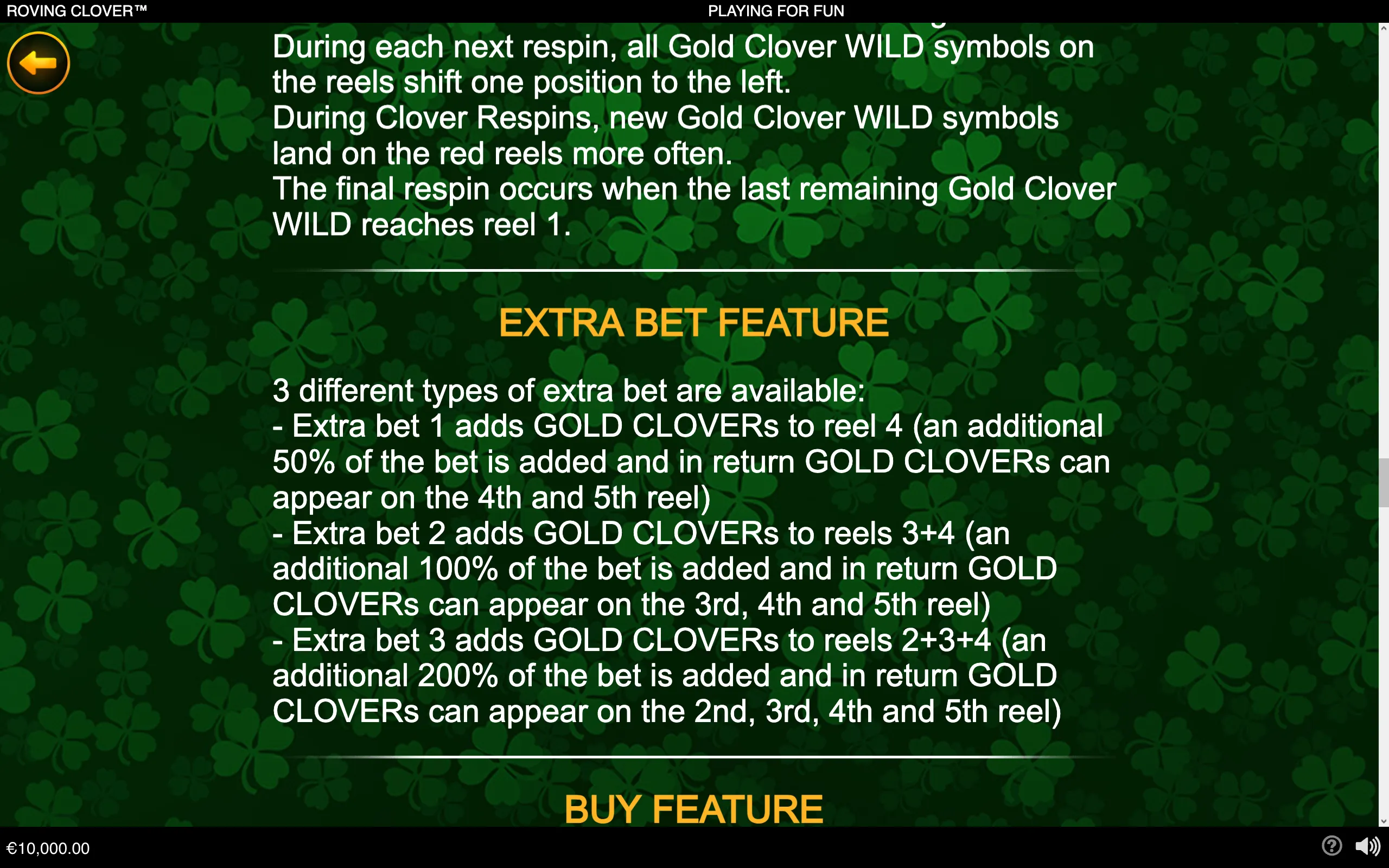 Roving Clover feature guide with white rules text over a dark green four-leaf clover background, detailing Gold Clover WILD respins, Extra Bet options, and the Buy Feature section.