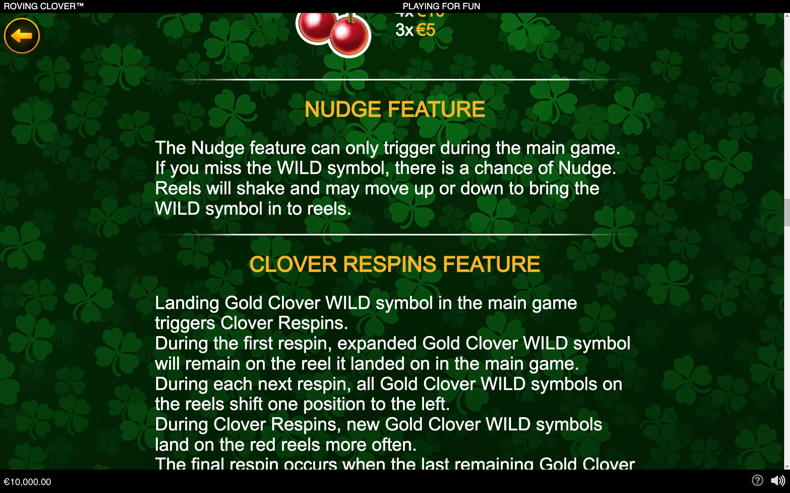 Roving Clover feature guide with white text explaining the Nudge feature and Clover Respins against a dark green four-leaf clover background, with cherry symbols and payout values above.