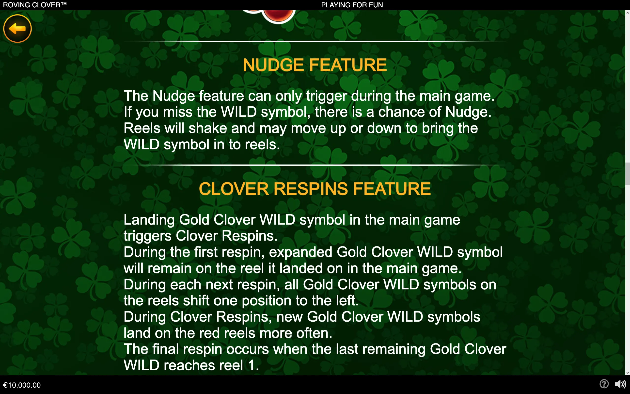 Roving Clover feature guide with a dark green four-leaf clover background, explaining the Nudge Feature and Clover Respins Feature for Gold Clover Wild symbols.