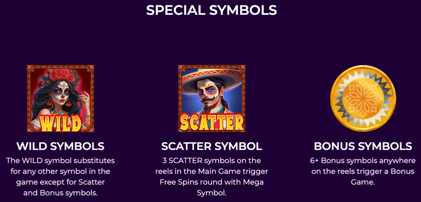 Special symbols in Loco Luck slot game featuring a Wild symbol with a decorated woman, a Scatter symbol with a man in traditional face paint and hat, and a golden Bonus symbol coin.