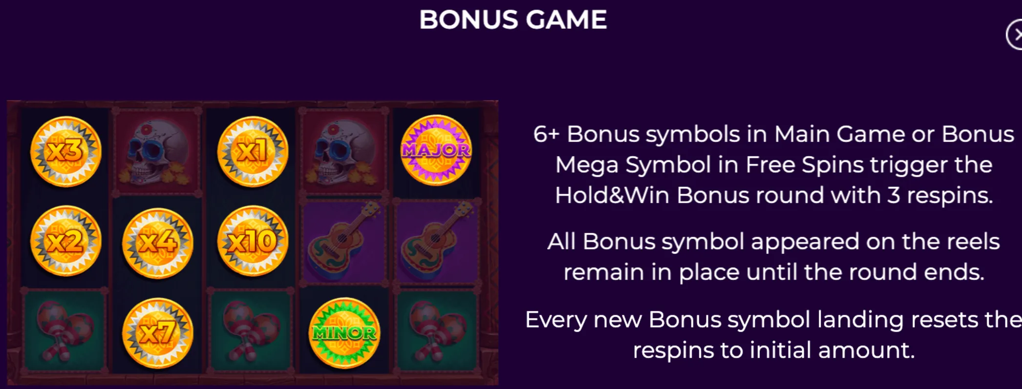 Loco Luck slot game bonus round screen showing various bonus coin symbols with multipliers and jackpot tiers on a dark purple background.