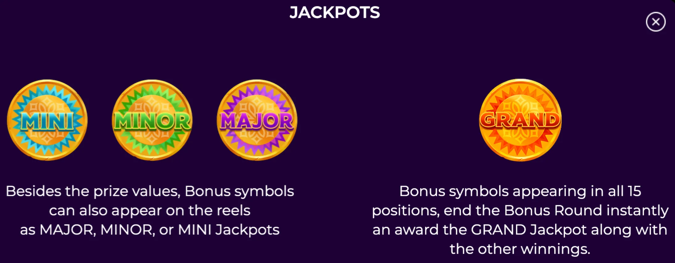 Four colorful jackpot coins labeled MINI, MINOR, MAJOR, and GRAND on a dark purple background explaining bonus symbol functions in the slot game Loco Luck.