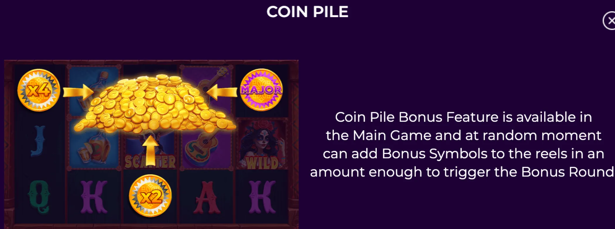 A vibrant slot game screen highlighting a large glowing pile of gold coins with multiplier symbols and bonus indicators around it, explaining the Coin Pile Bonus Feature.