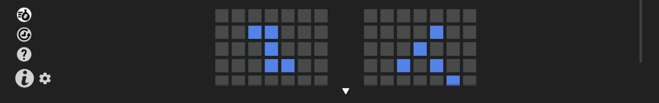 Dark Fiesta Clusters game interface with two rectangular tile grids, blue highlighted squares, navigation icons, and a downward arrow.