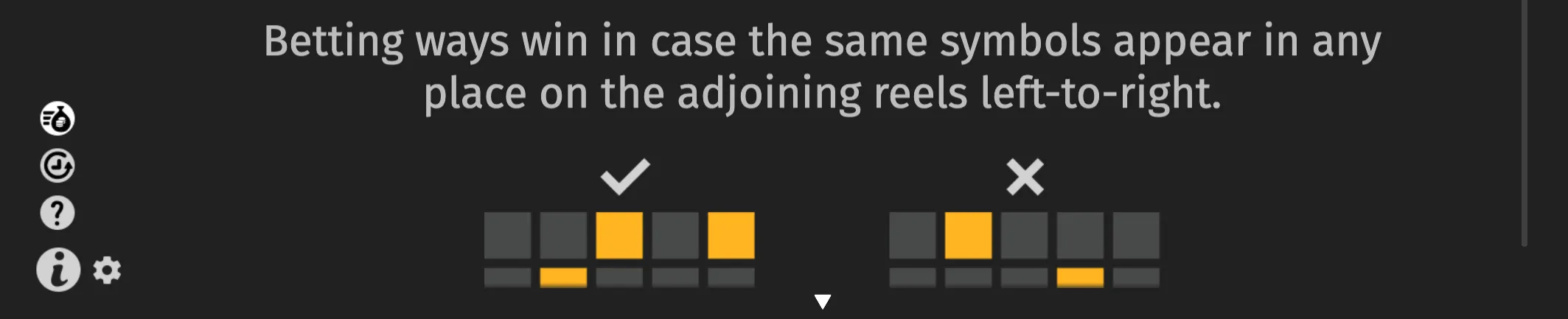 Dark game-rules panel for Burning Chilli 243 with text explaining left-to-right betting ways, plus checkmark and cross diagrams highlighting valid and invalid symbol arrangements.