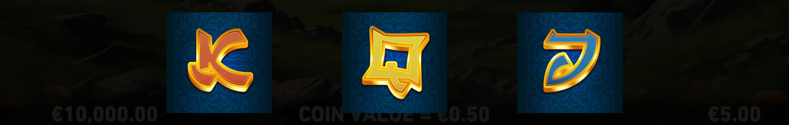 Three ornate gold-and-red K, Q, and J symbols appear on blue patterned panels against a dark rocky mountain backdrop with faint currency values.
