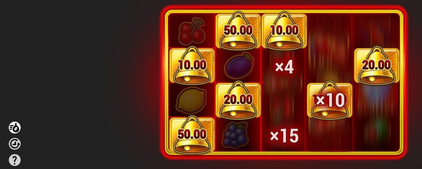 Hot Chilli Bells 100 slot display with golden bells labeled 10.00, 20.00, and 50.00, fruit symbols, and x4, x10, and x15 multipliers against a glowing red backdrop.