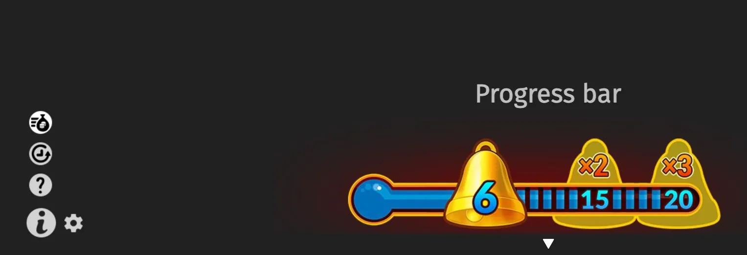 A colorful slot-game progress bar features a golden bell at 6, with x2 and x3 multiplier markers at 15 and 20, alongside circular control icons.