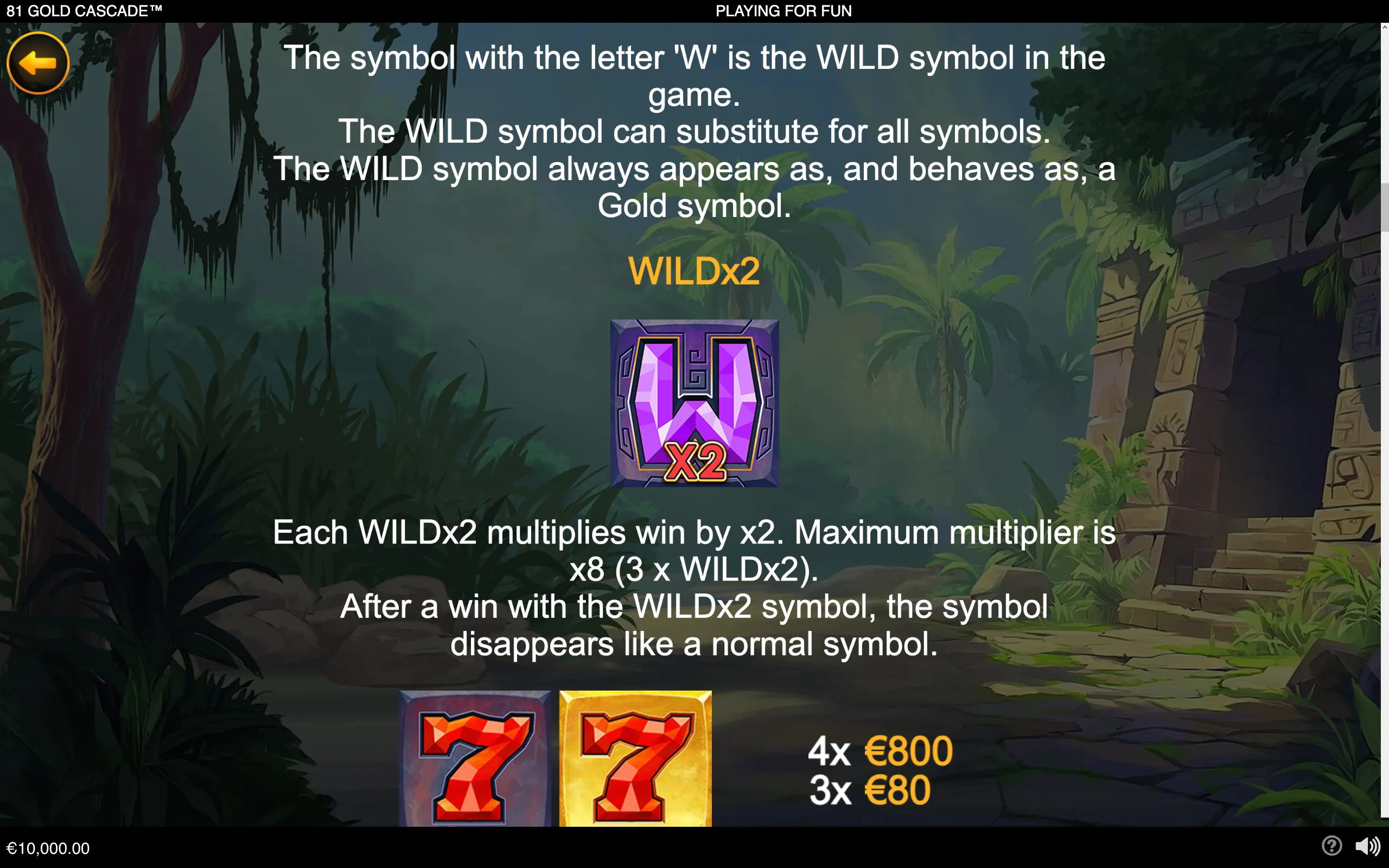 81 Gold Cascade rule panel featuring a purple WILDx2 symbol, red 7 symbols, and a misty jungle temple backdrop.