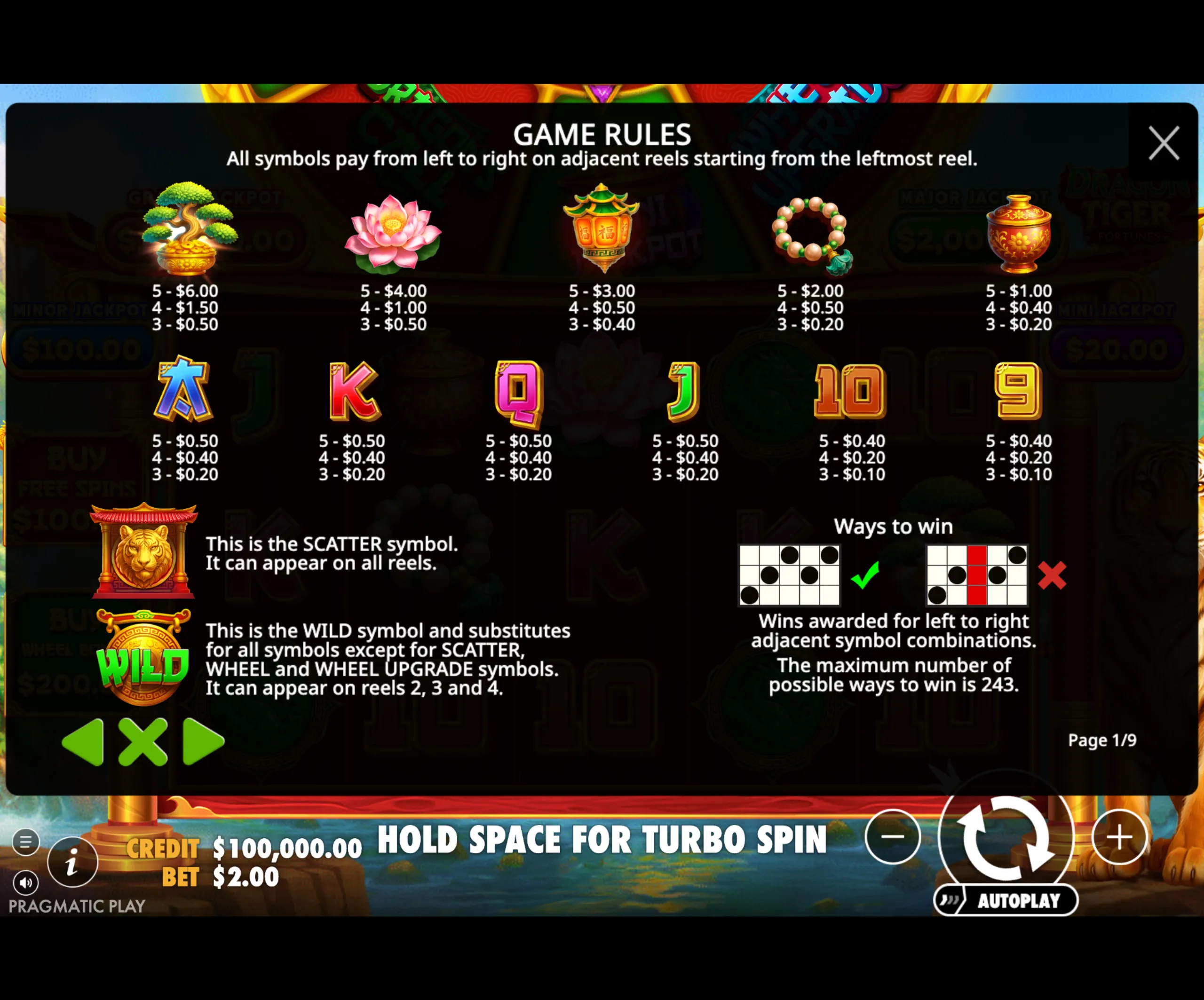 Dragon Tiger Fortunes slot game paytable and rules screen showing symbol payouts and explanations of scatter and wild symbols.