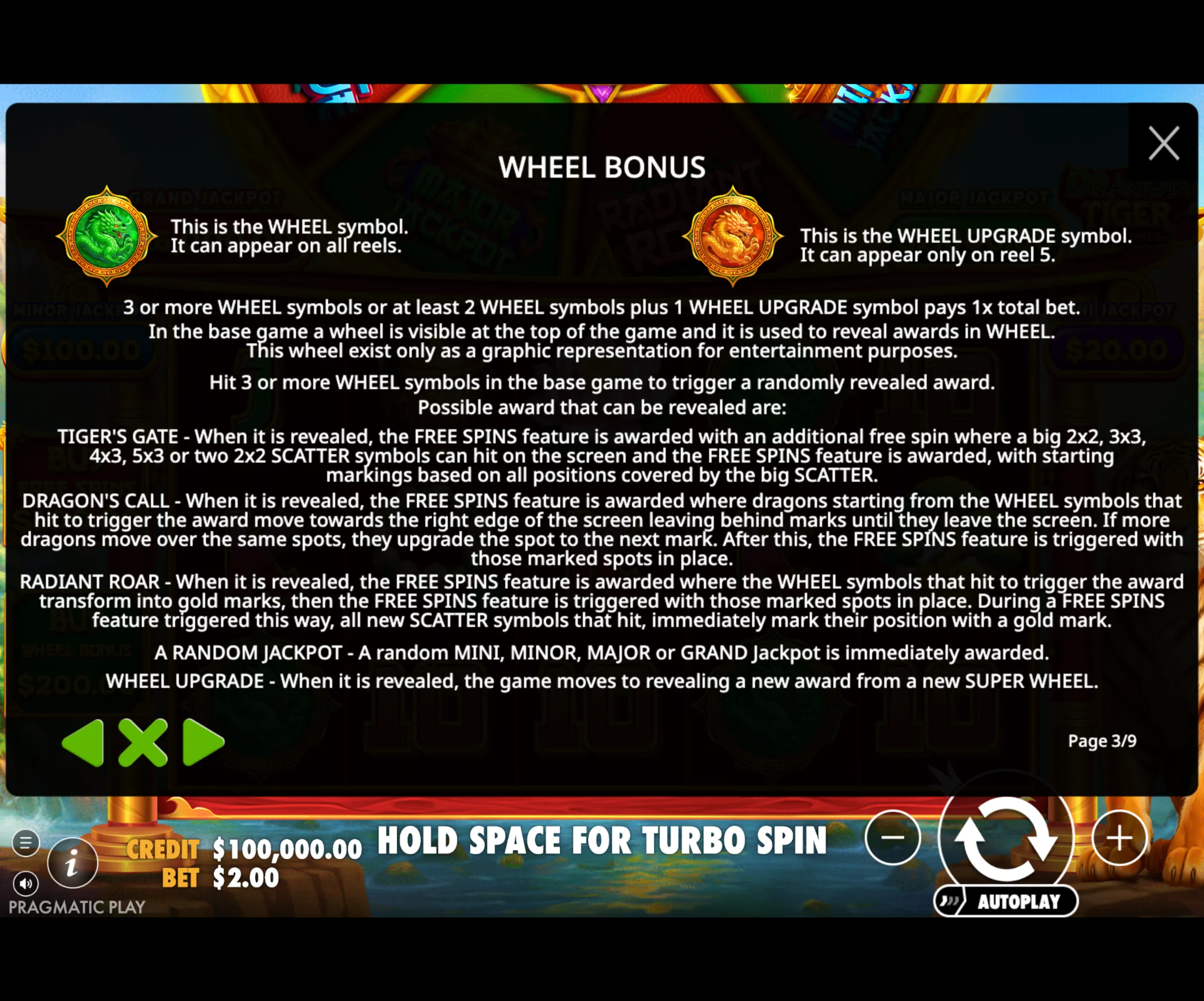 Dragon Tiger Fortunes slot game Wheel Bonus instructions with green dragon and golden dragon Wheel symbols explaining bonus triggers and awards