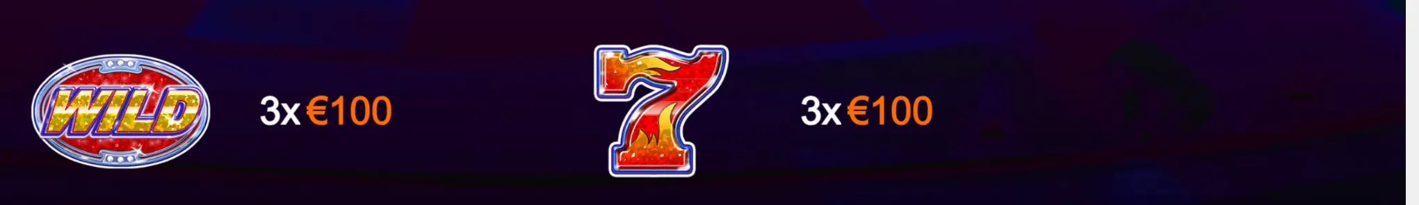 Super Stepper slot artwork featuring a chrome-framed Wild badge and fiery red 7 symbol, each labeled 3x €100 against a dark purple backdrop.