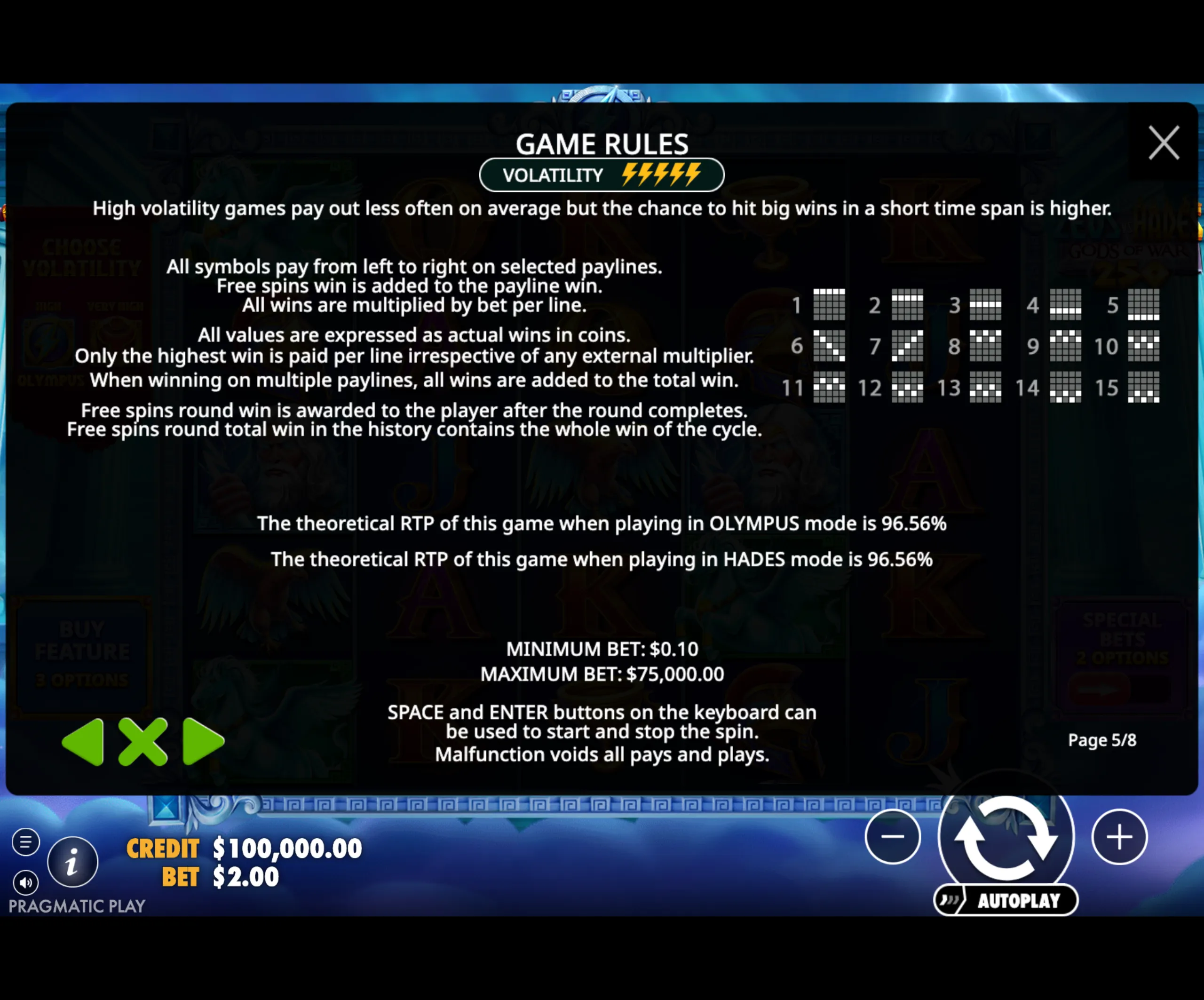 Zeus vs Hades - Gods of War 250 paytable page 3 with symbol payouts