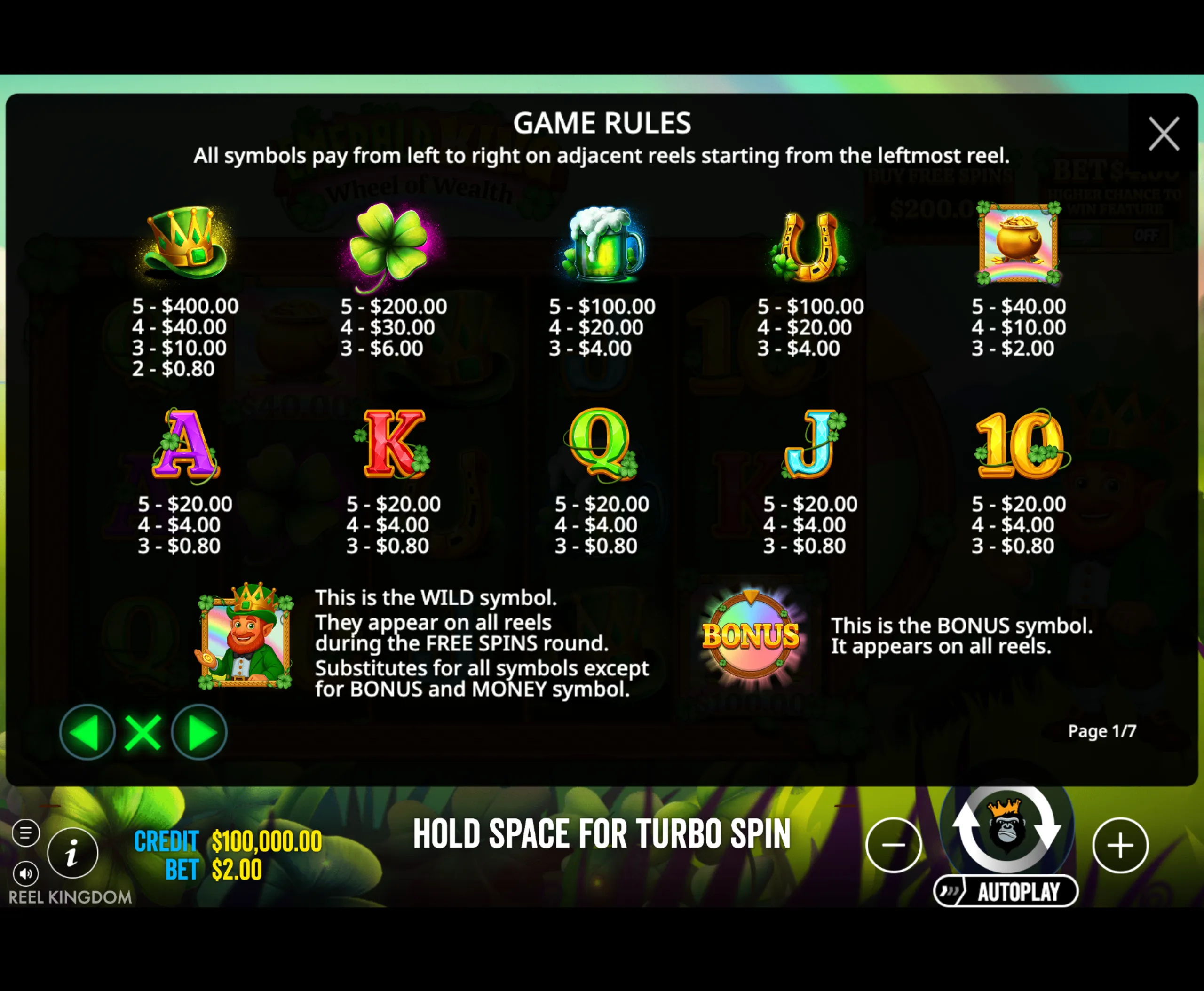 Game rules and payout values for Emerald King - Wheel of Wealth slot featuring Irish-themed symbols like a leprechaun hat, four-leaf clover, beer mug, horseshoe, and pot of gold.