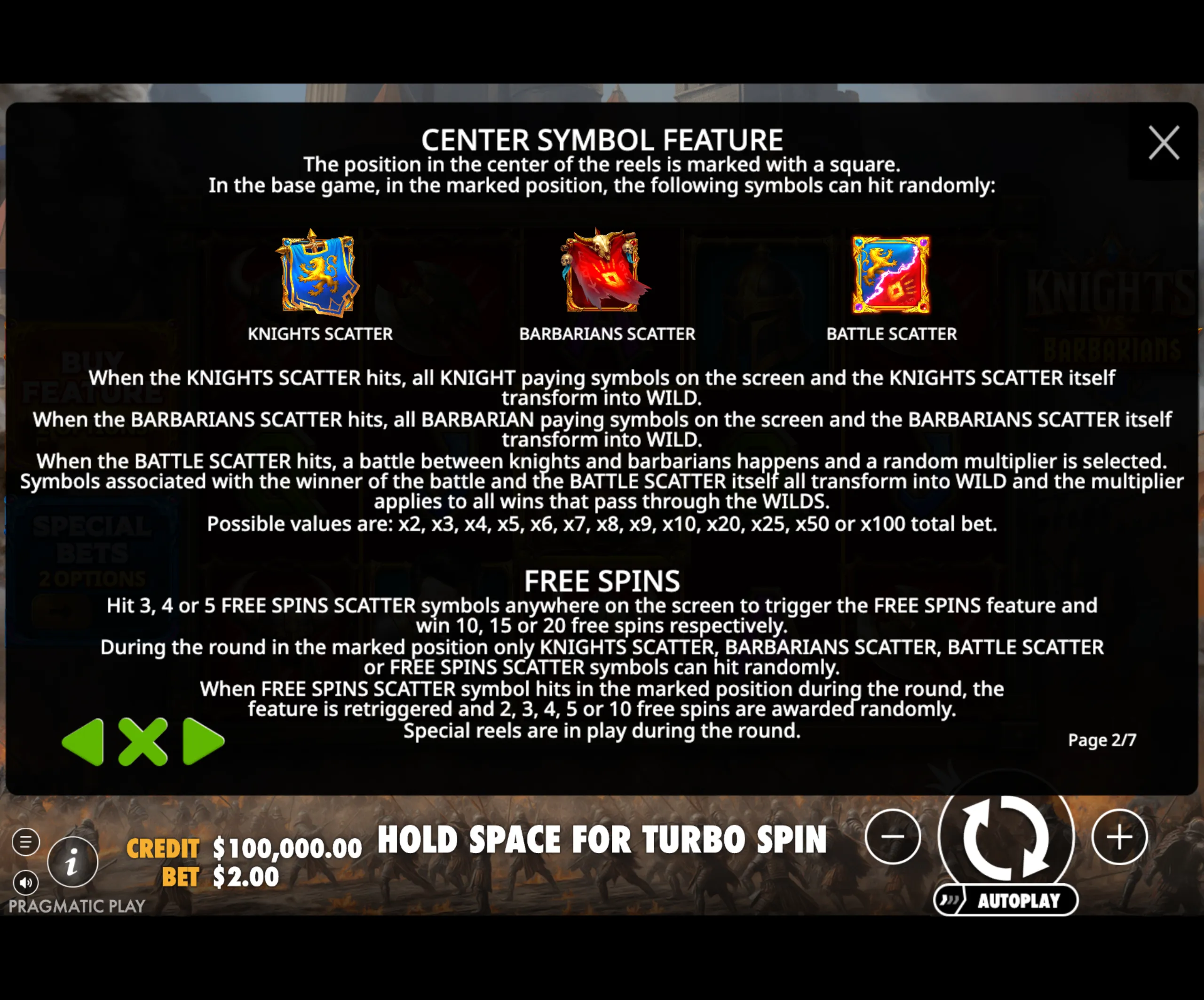 Knights vs Barbarians slot game center symbol feature explanation with knights scatter, barbarians scatter, and battle scatter symbols and their effects.