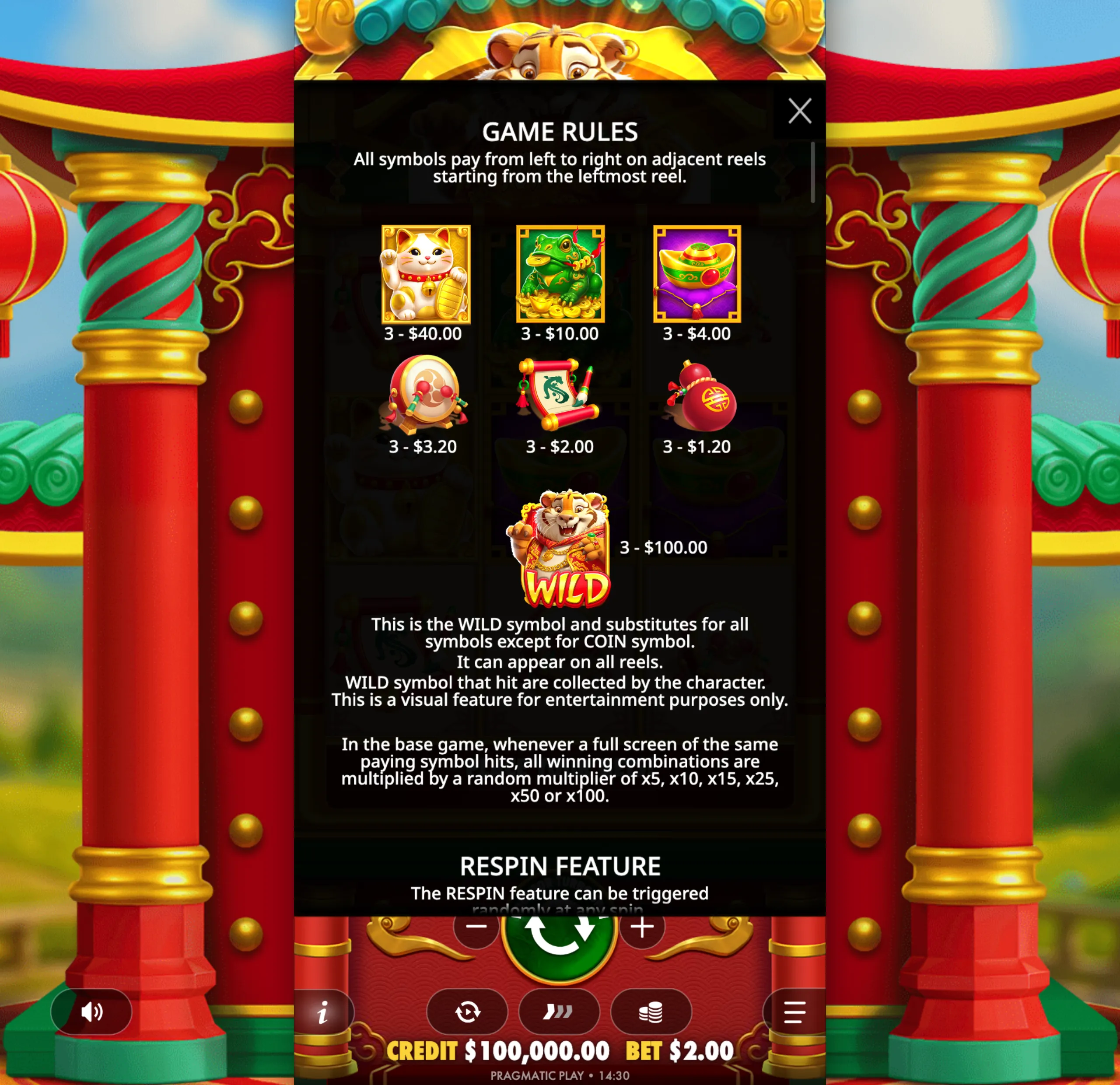 Lucky Tiger Gold slot game rules screen with colorful Asian-themed symbols including a lucky cat, frog, gold ingot, and a tiger wild symbol, set against a vibrant red and gold pagoda backdrop.