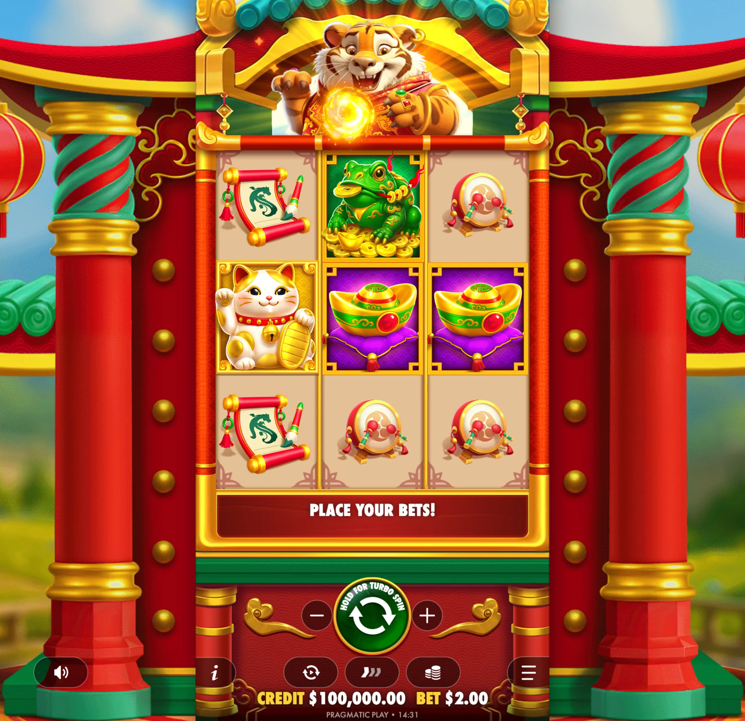 Colorful Asian-themed slot game interface featuring a cheerful tiger holding a glowing orb above reels with lucky symbols like a golden cat, frog, and gold ingots.