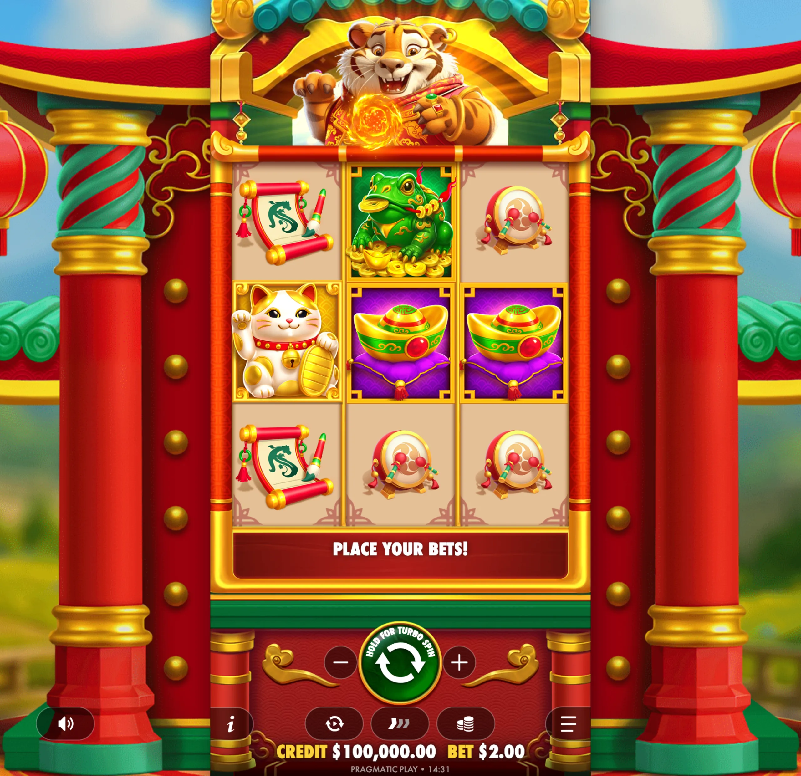 Lucky Tiger Gold slot game with colorful Asian-themed symbols including a cheerful tiger, lucky cat, golden ingots, and traditional scrolls on a red and gold ornate background.