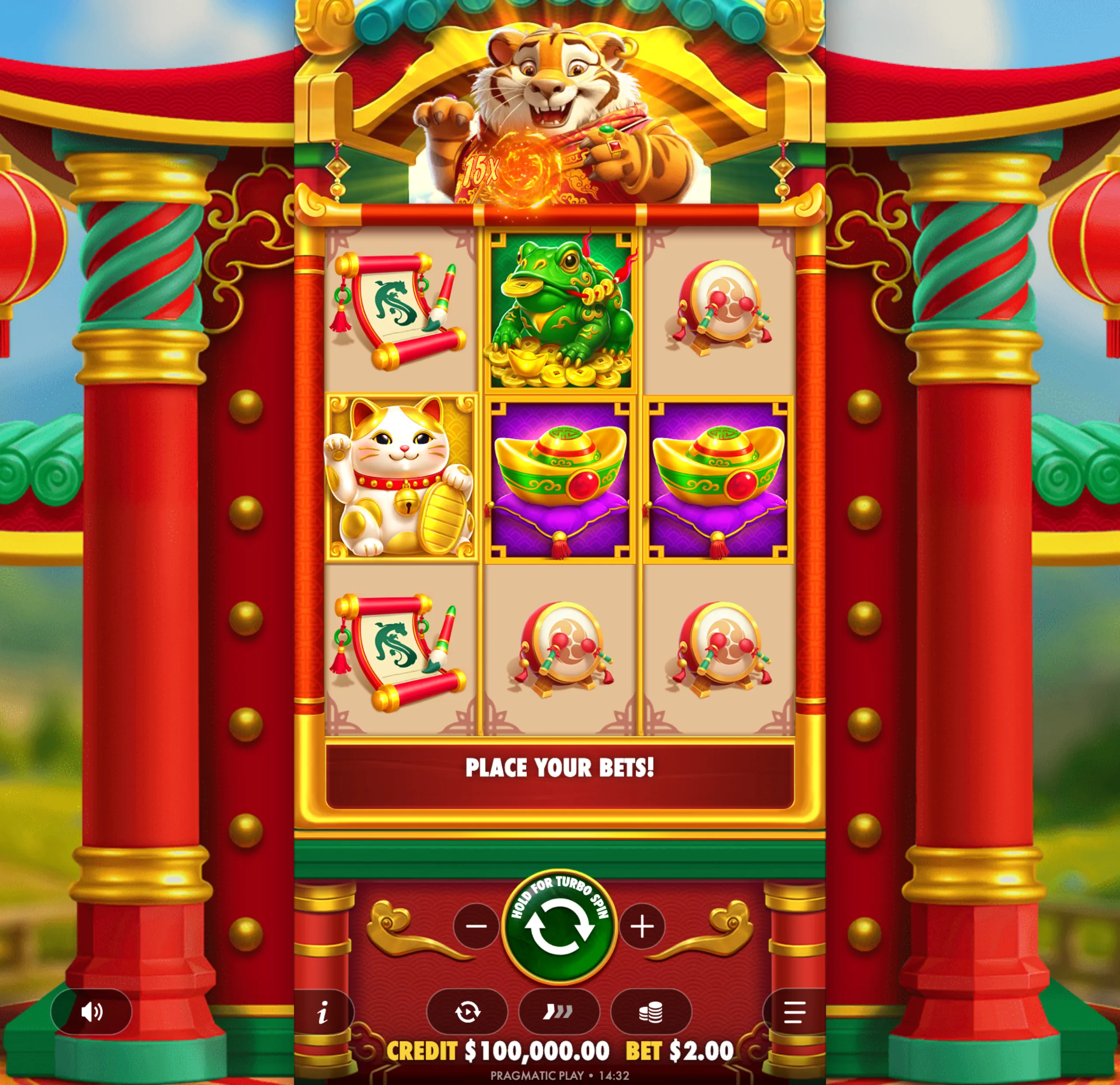 A colorful Asian-themed slot game interface featuring a cheerful tiger holding a glowing orb with a 15x multiplier, surrounded by symbols like a lucky cat, golden ingots, a green frog, and traditional drums.