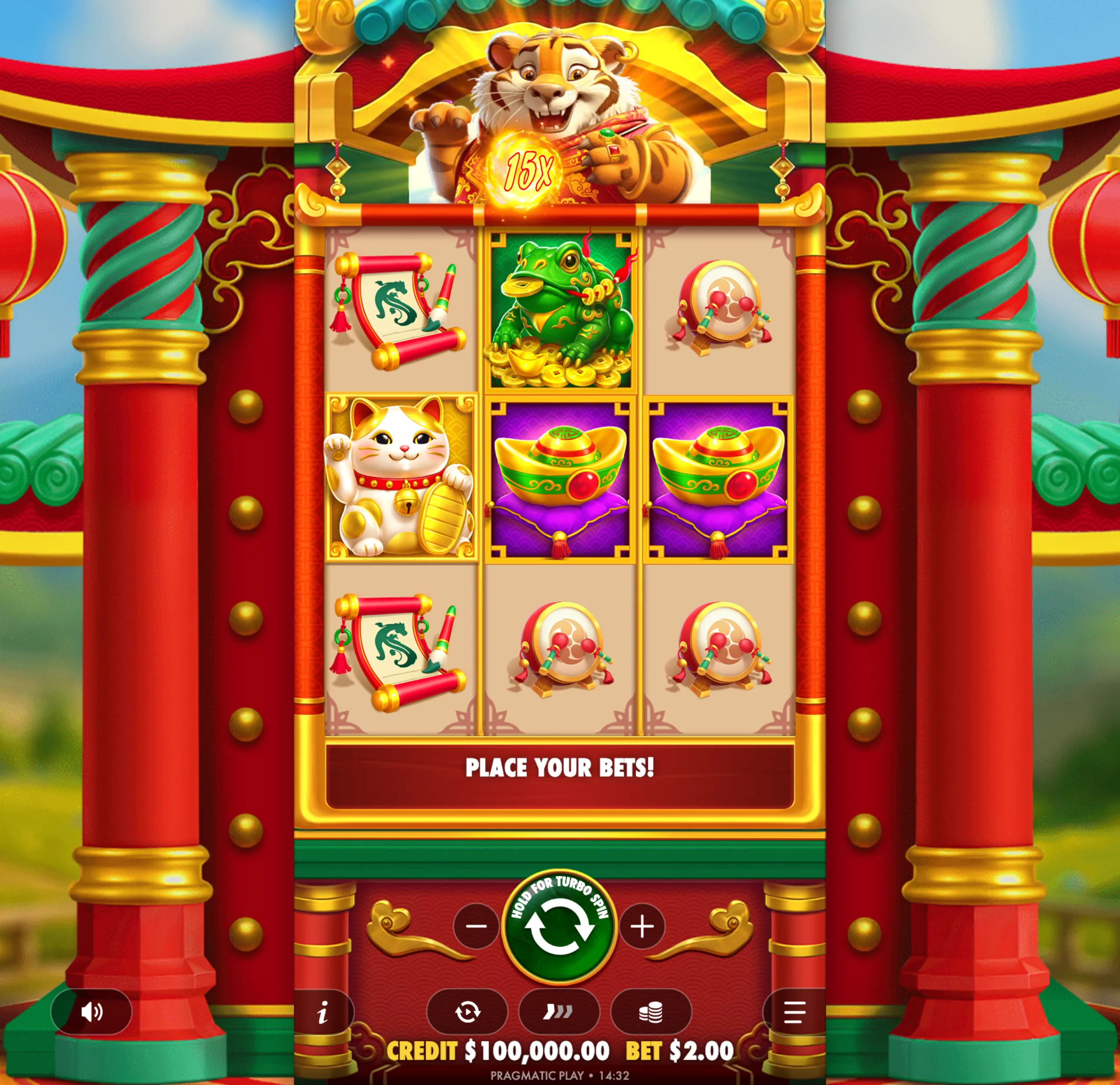 A colorful Asian-themed slot game interface featuring a cheerful tiger holding a glowing orb with '15x', surrounded by symbols like a lucky cat, gold ingots, a green frog, and traditional scrolls and drums.