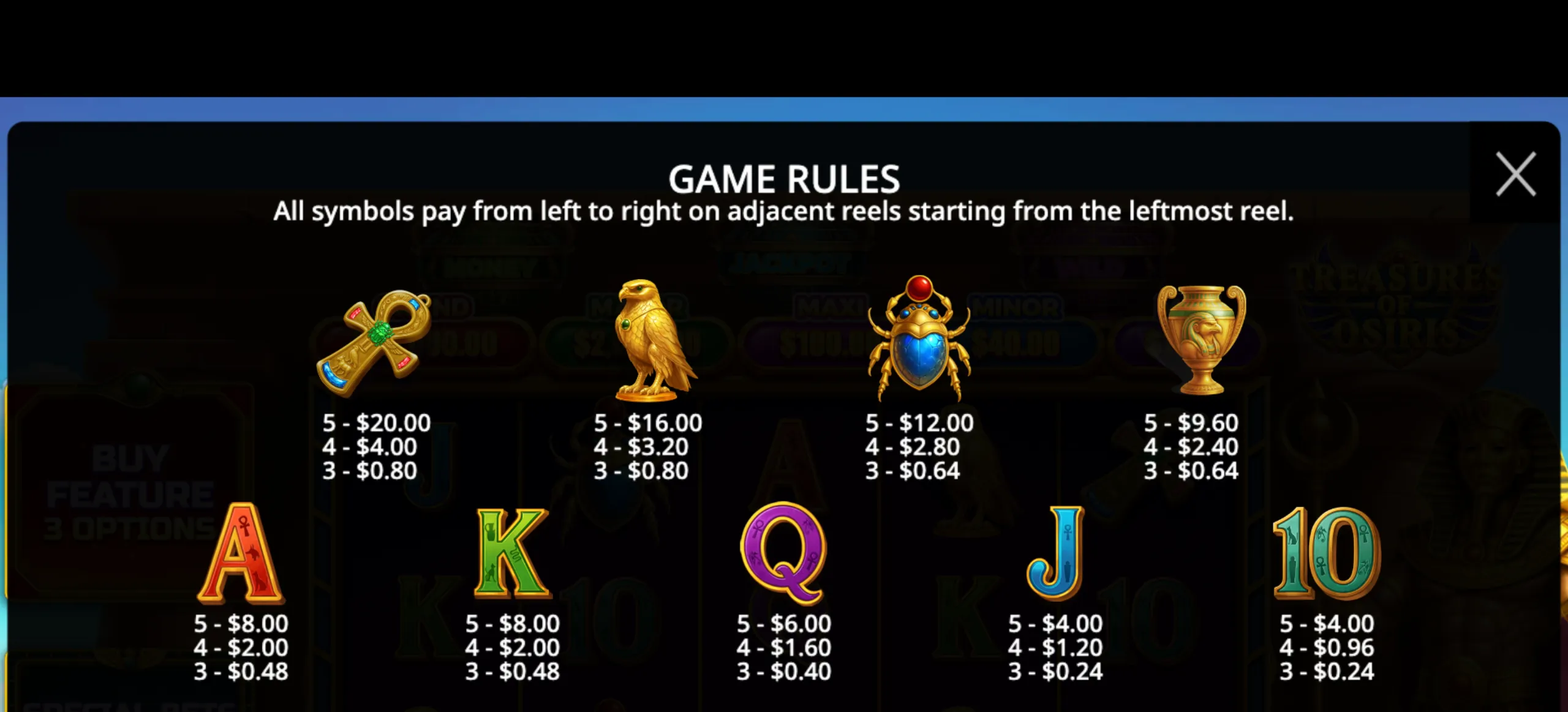 Treasures of Osiris slot game payout table showing symbol values and game rules for winning combinations from left to right.