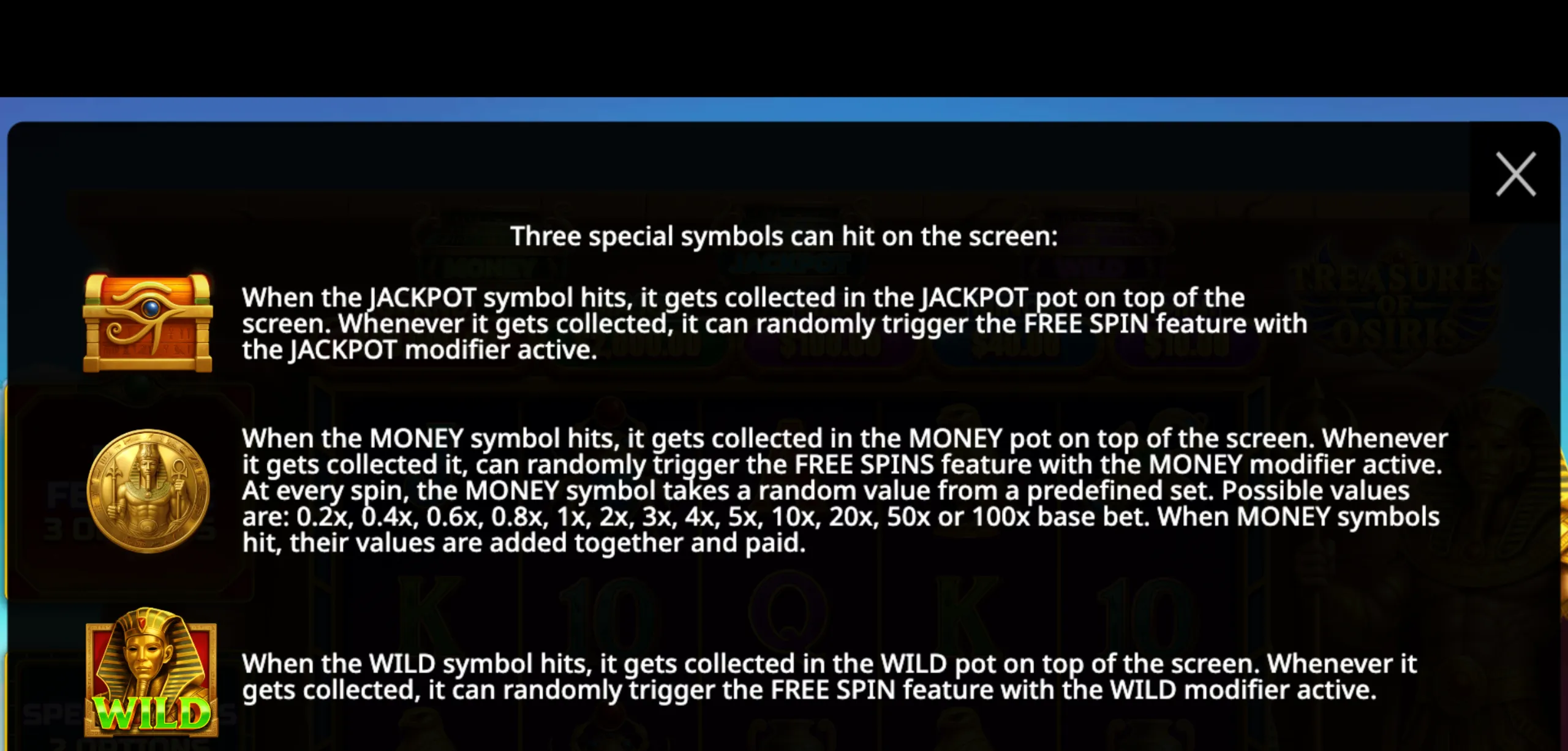 Special symbols in Treasures of Osiris slot game including Jackpot chest, Money coin, and Wild pharaoh mask with explanations of their functions and triggers.