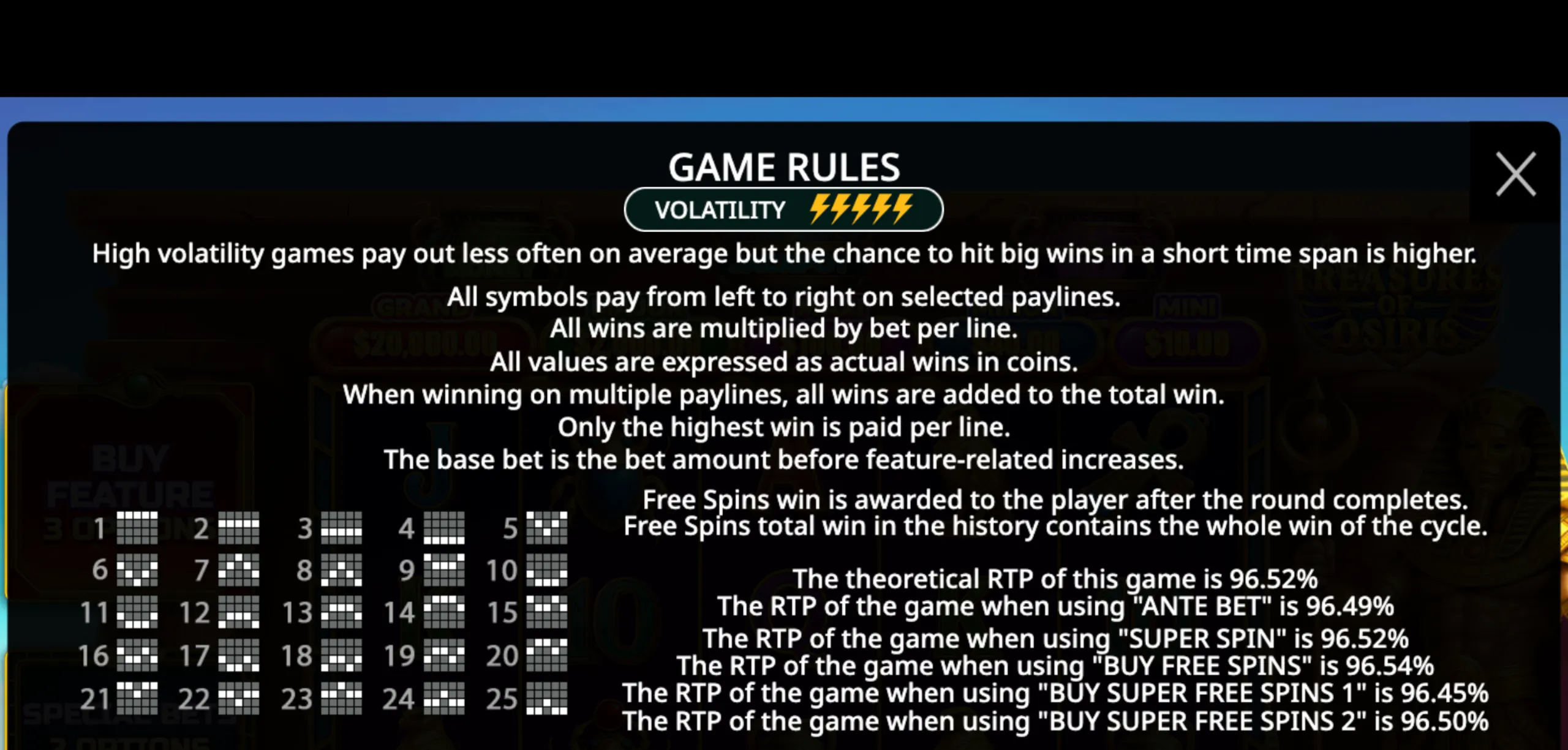 Game rules for Treasures of Osiris slot detailing high volatility, paylines, win multipliers, free spins, and RTP percentages.
