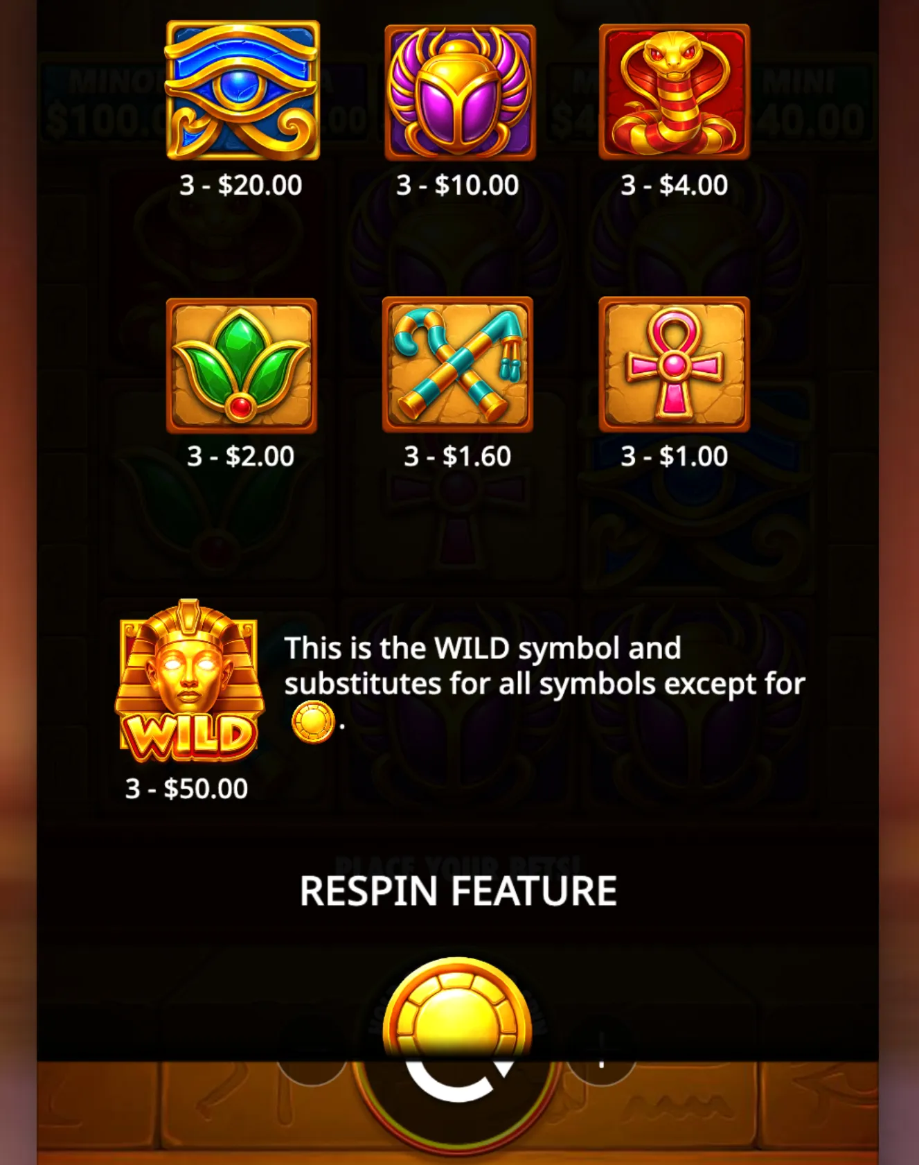 Symbols from Tut's Treasure Tower slot game featuring Egyptian-themed icons like the Eye of Horus, scarab, cobra, lotus, crook and flail, ankh, and a golden pharaoh wild symbol with payout values displayed.