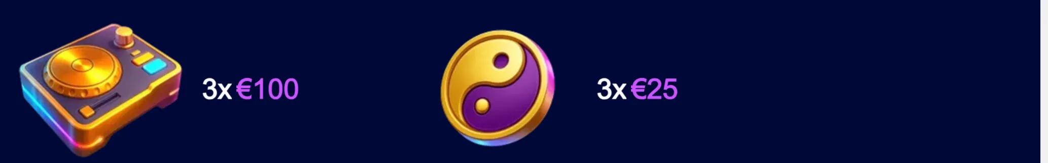 Glossy DJ turntable and purple-gold yin-yang symbols with displayed values of 3x €100 and 3x €25 on a dark blue backdrop.