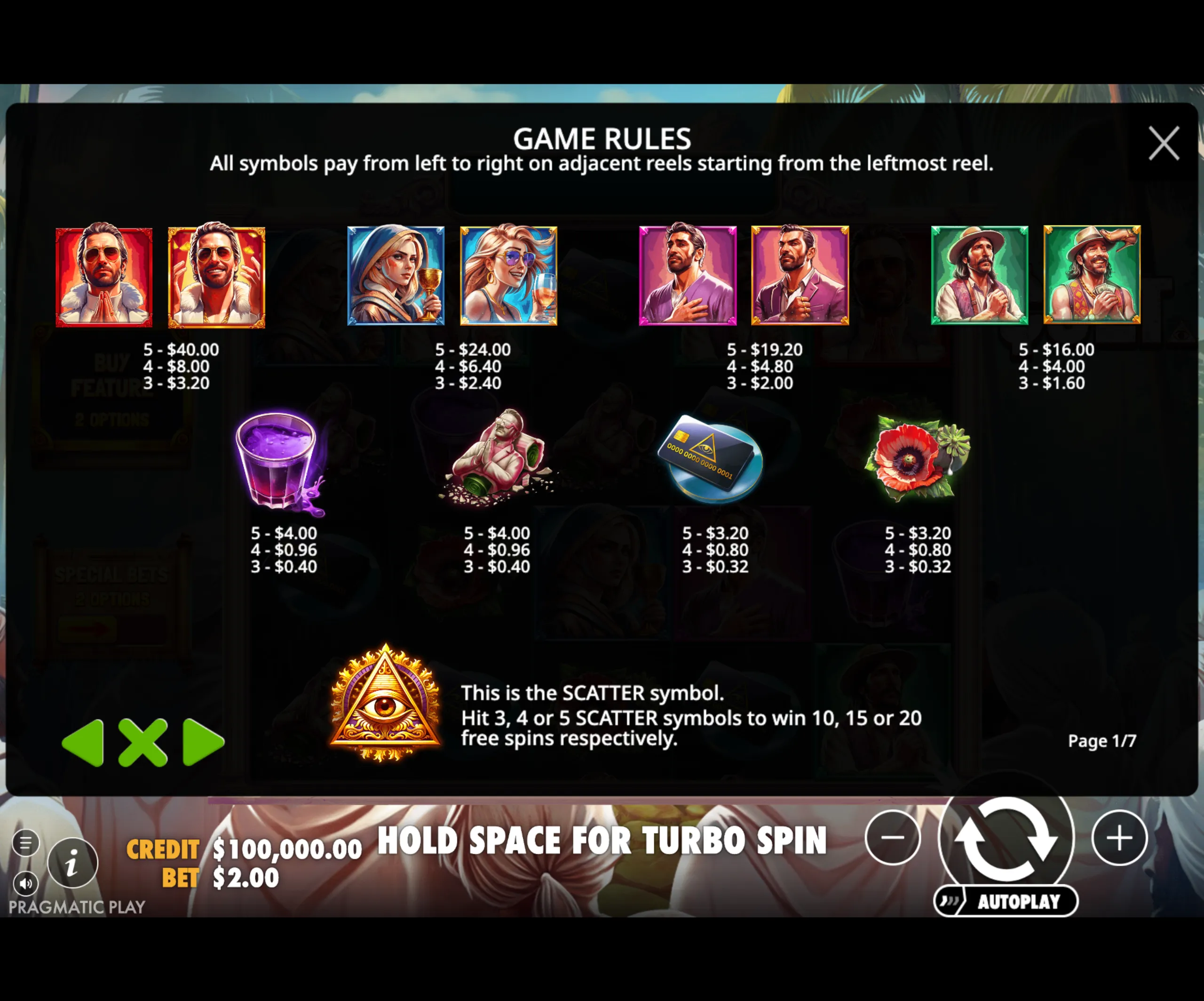 Slot game paytable featuring stylized characters and symbolic icons representing a cult theme, with detailed payouts and a highlighted scatter symbol for free spins.