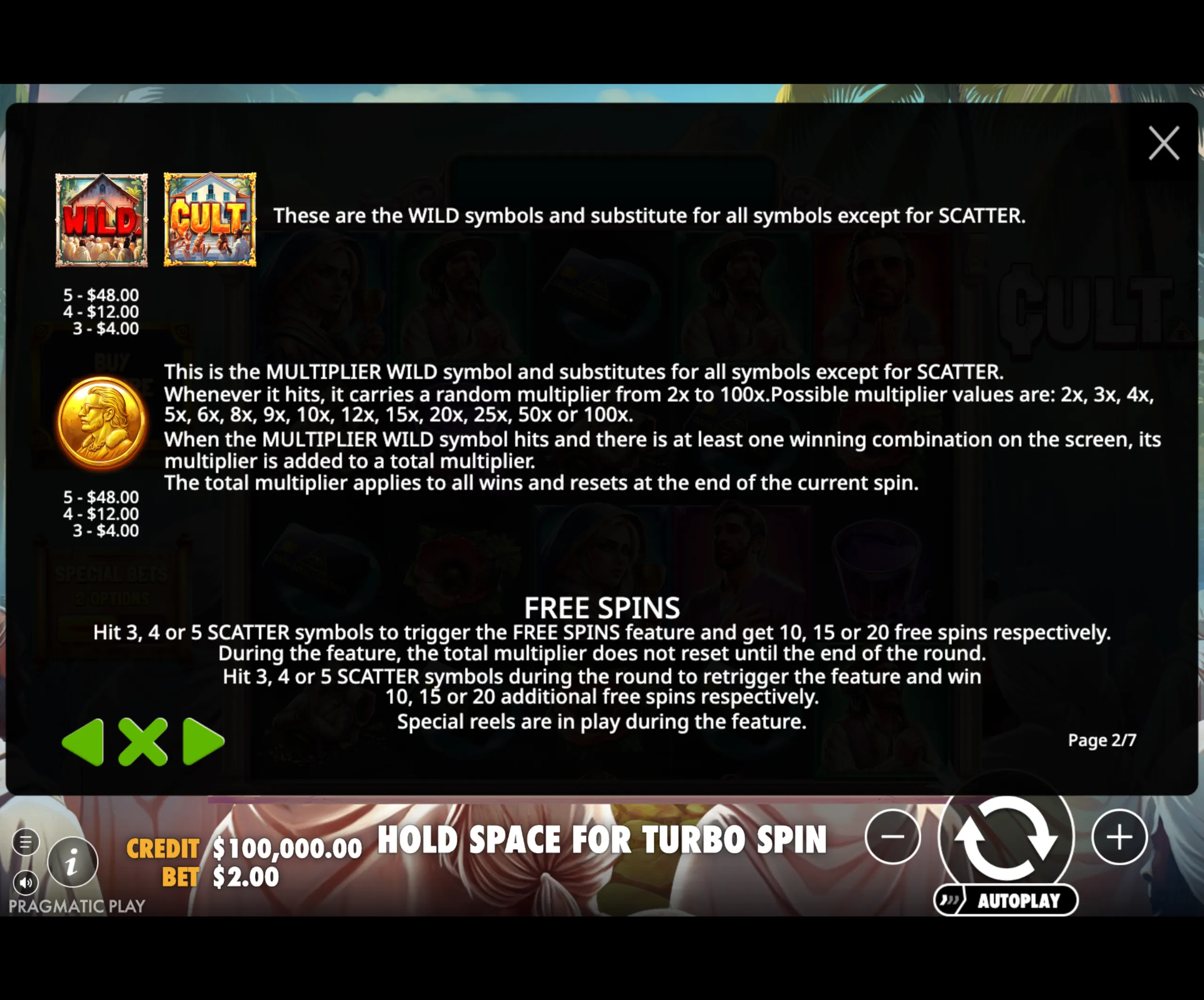 Wild and multiplier wild symbols in the Cult slot game with their payout values and explanation of the free spins feature triggered by scatter symbols.