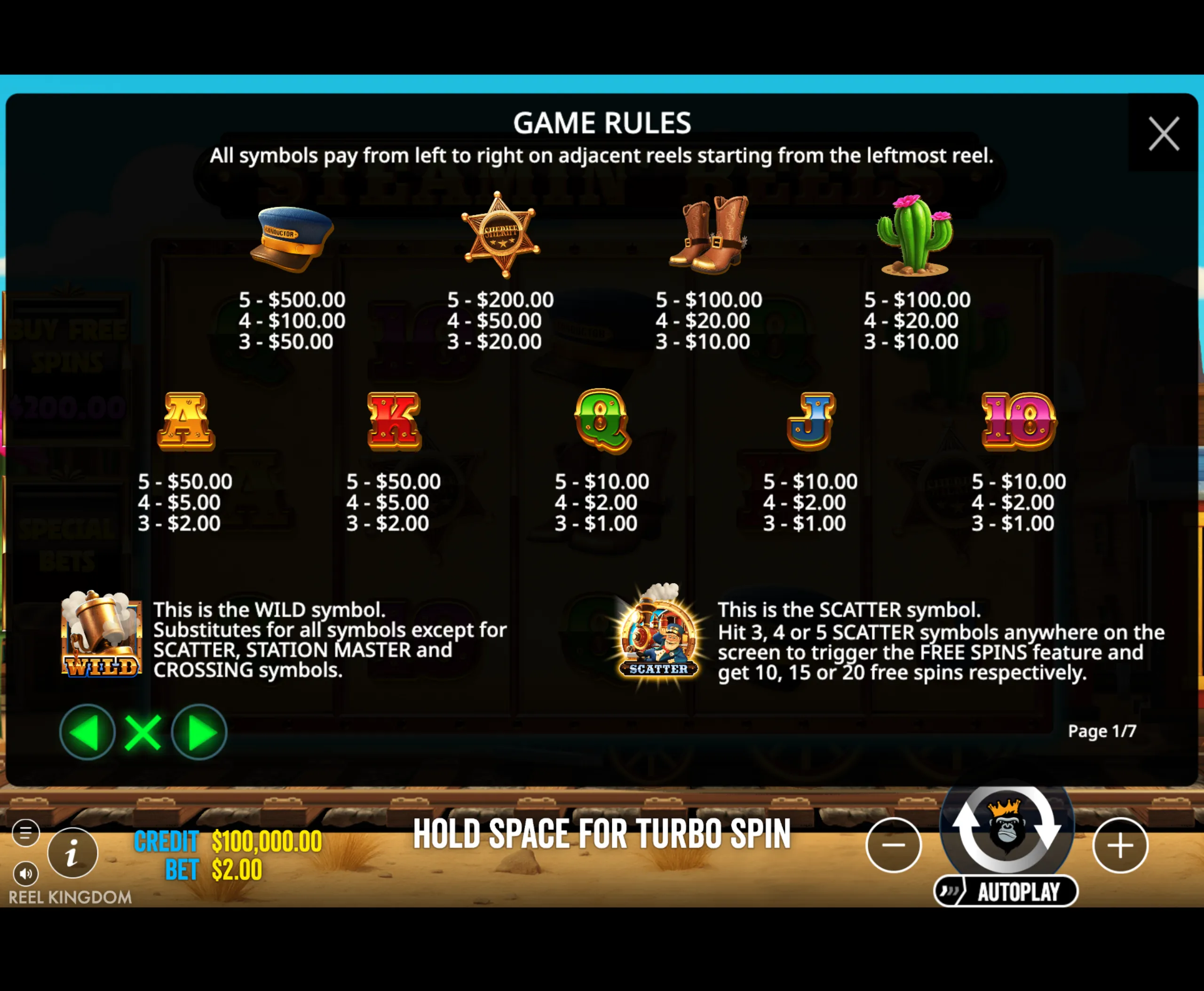 Payout values and game rules for Steamin' Reels slot game symbols including conductor hat, sheriff badge, boots, cactus, and card icons with wild and scatter symbol explanations.