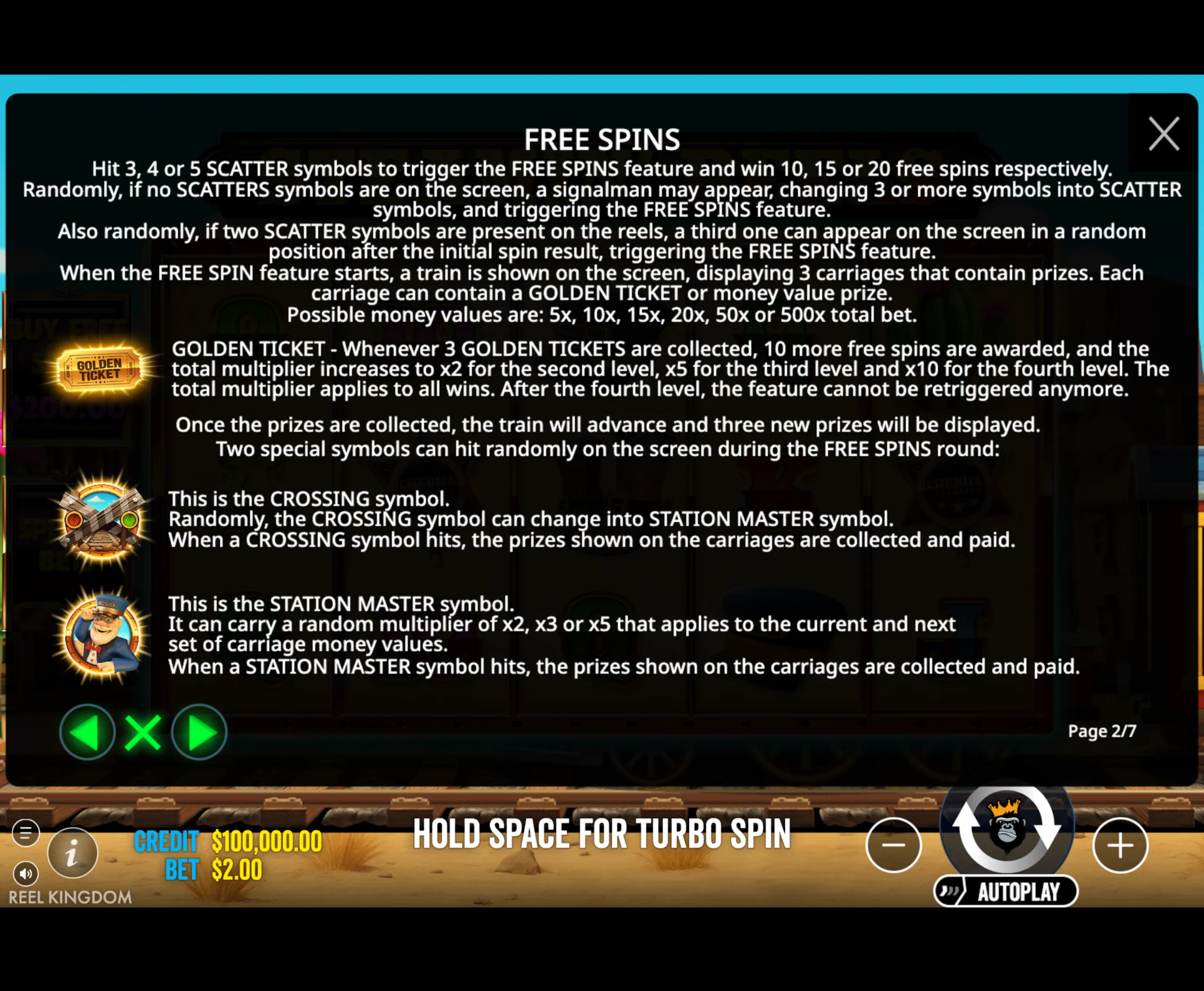Detailed explanation of the free spins feature, golden ticket multipliers, and special symbols like CROSSING and STATION MASTER in Steamin' Reels slot game.