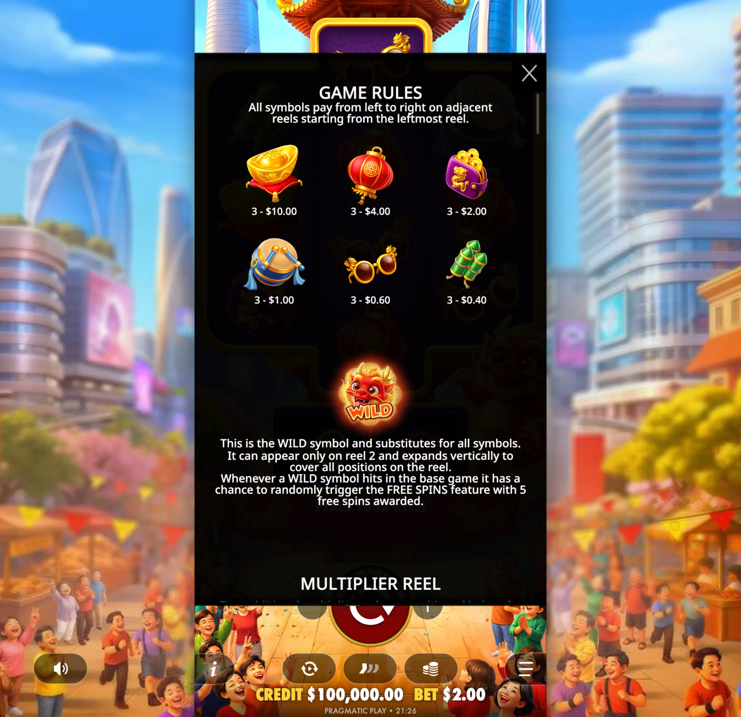 Happy Dragon slot game paytable with symbols including a gold ingot, red lantern, purple purse, drum, sunglasses, and firecrackers, alongside a smiling dragon wild symbol and game rules text