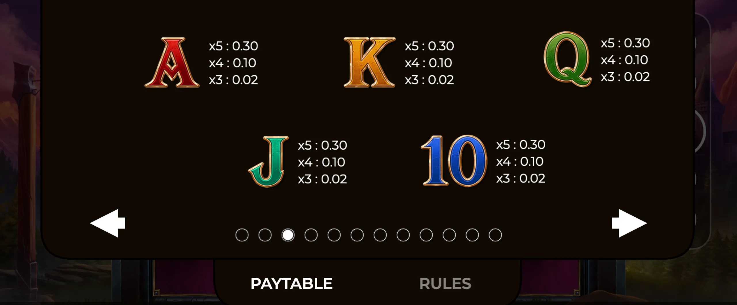Shadow Wilds slot game paytable showing payout values for card symbols A, K, Q, J, and 10 with multipliers for 3, 4, and 5 matches.