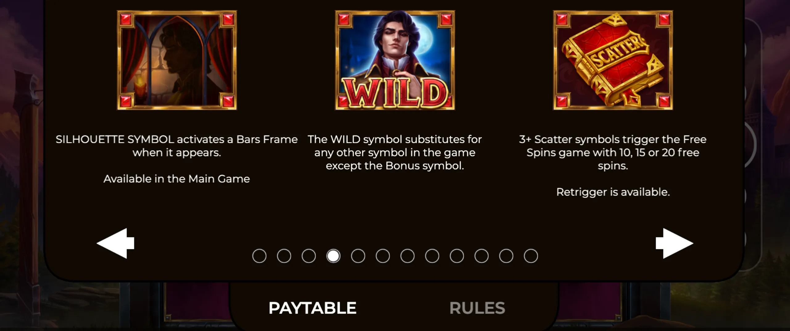 Three key symbols from Shadow Wilds slot game including a silhouette symbol activating a Bars Frame, a Wild symbol substituting other symbols, and a Scatter symbol triggering free spins with retrigger options.
