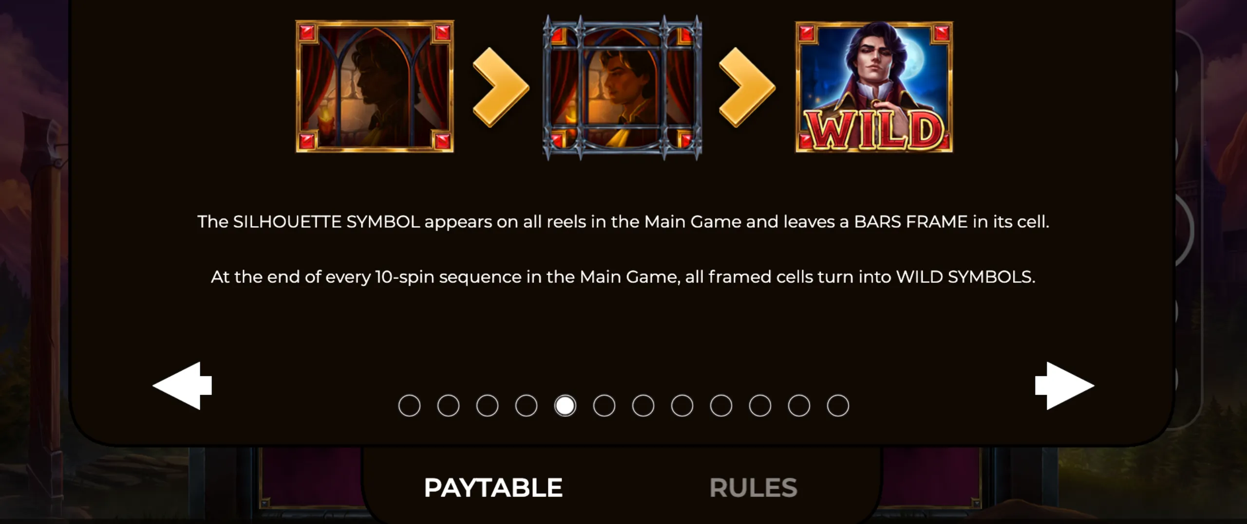 Shadow Wilds slot game feature explanation showing silhouette symbols turning into wild symbols after a 10-spin sequence.