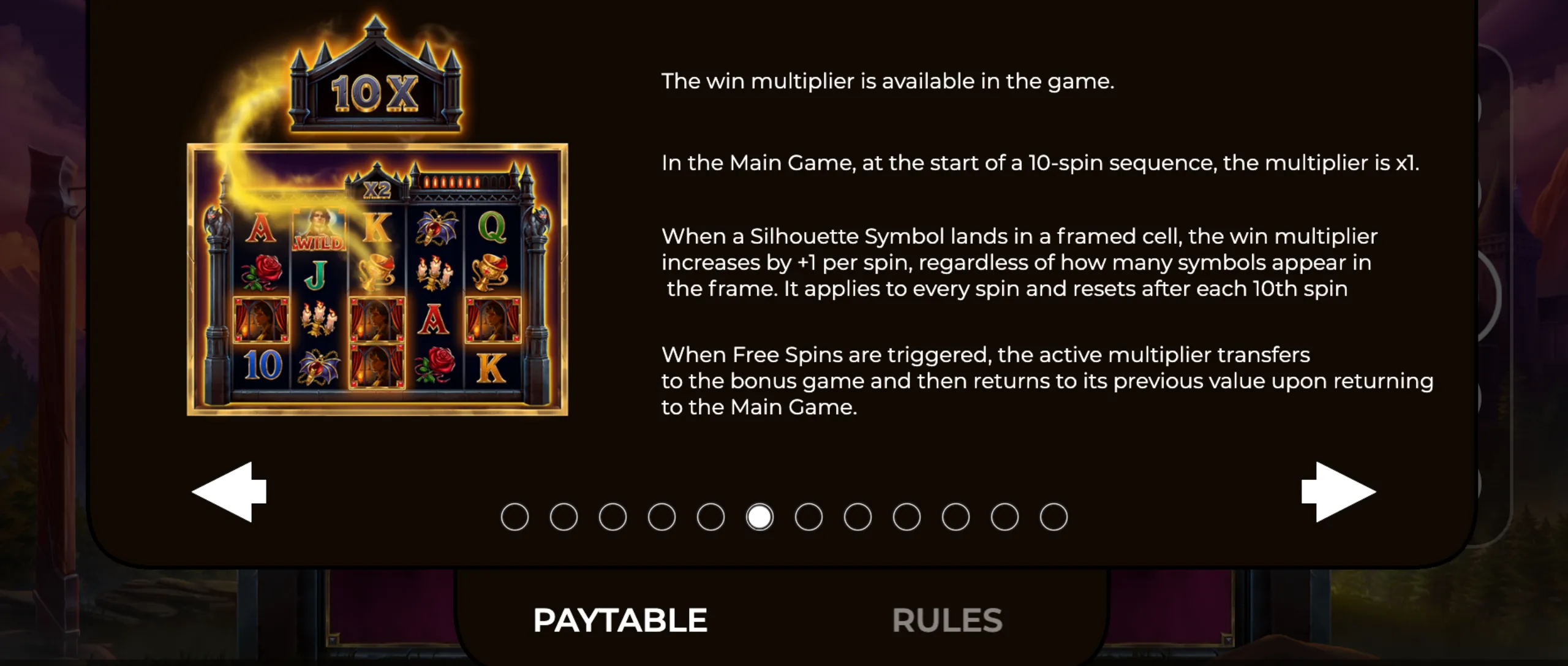 Shadow Wilds slot game interface highlighting the win multiplier feature with a 10x multiplier symbol and a dark-themed reel set featuring silhouette symbols and classic card icons.