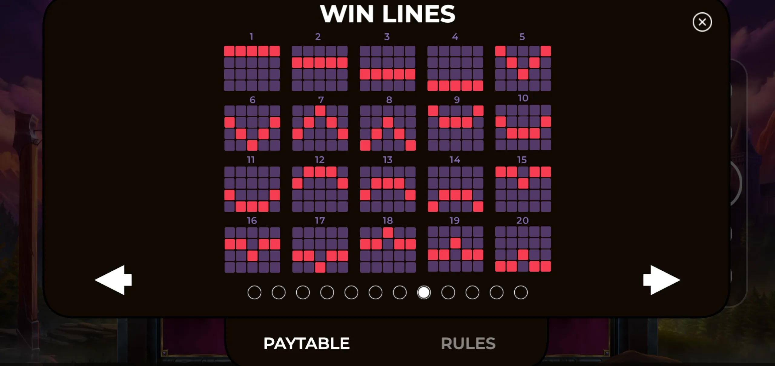 A grid display illustrating 20 distinct win lines in red on a dark background for the slot game Shadow Wilds.
