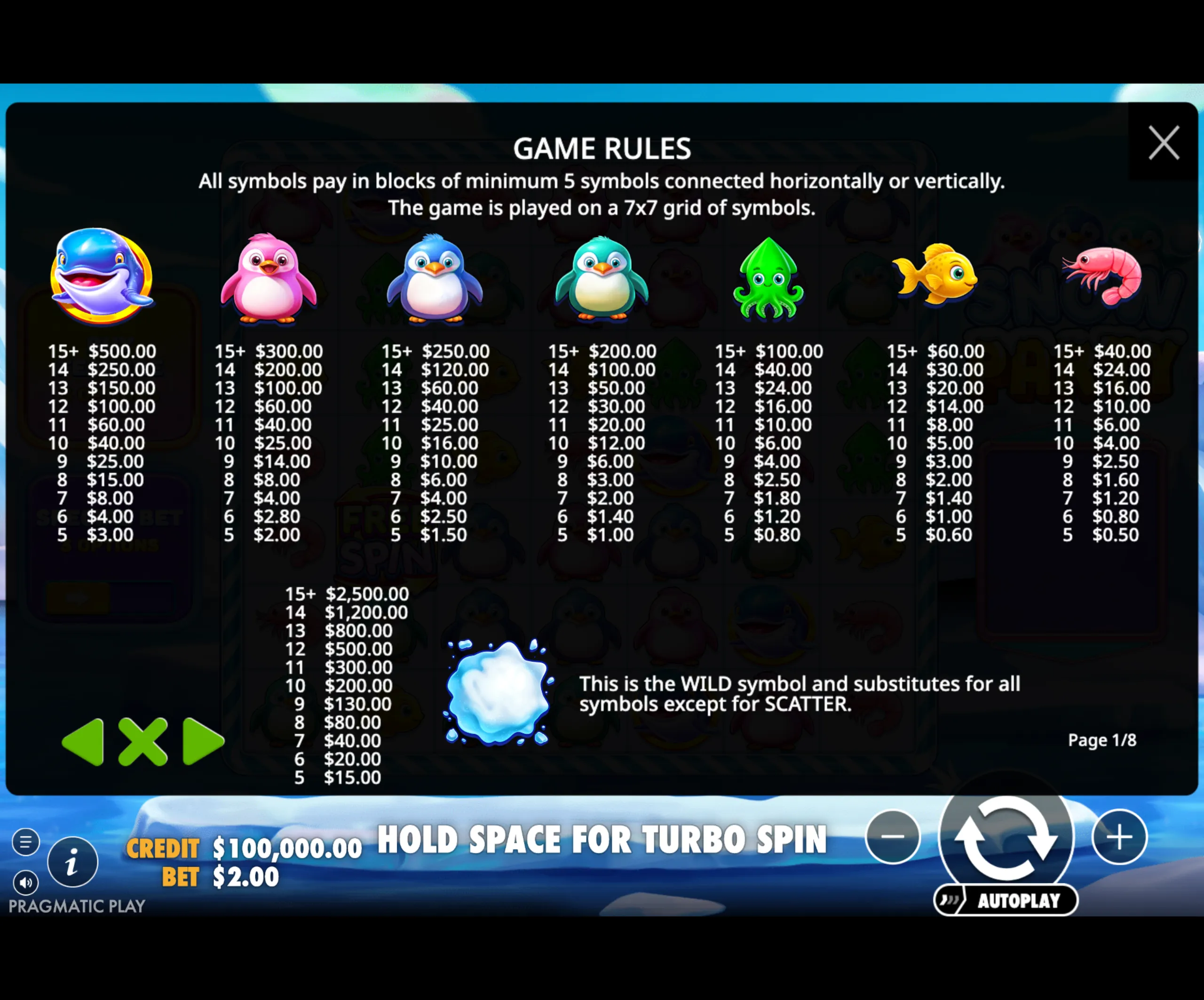 Snow Party slot game rules screen showing a 7x7 grid, colorful animal symbols, and payout values for symbol clusters.