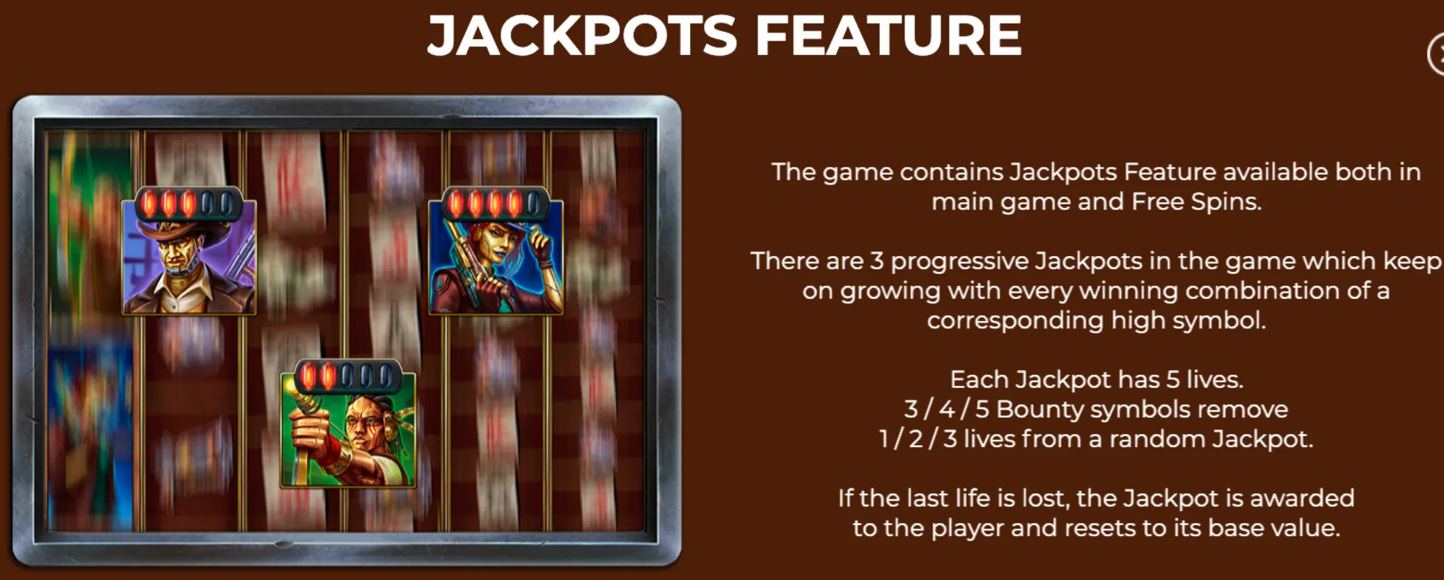 Steam Wilds Megaways slot game reel with character symbols and jackpot life indicators, alongside detailed jackpot feature text.