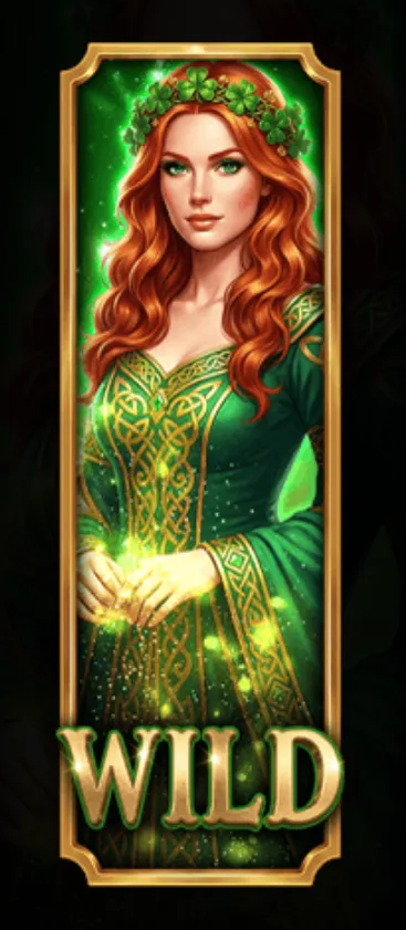 A red-haired Irish queen in a green Celtic dress with a shamrock crown, glowing with magical energy, symbolizing the Wild feature in the slot game.