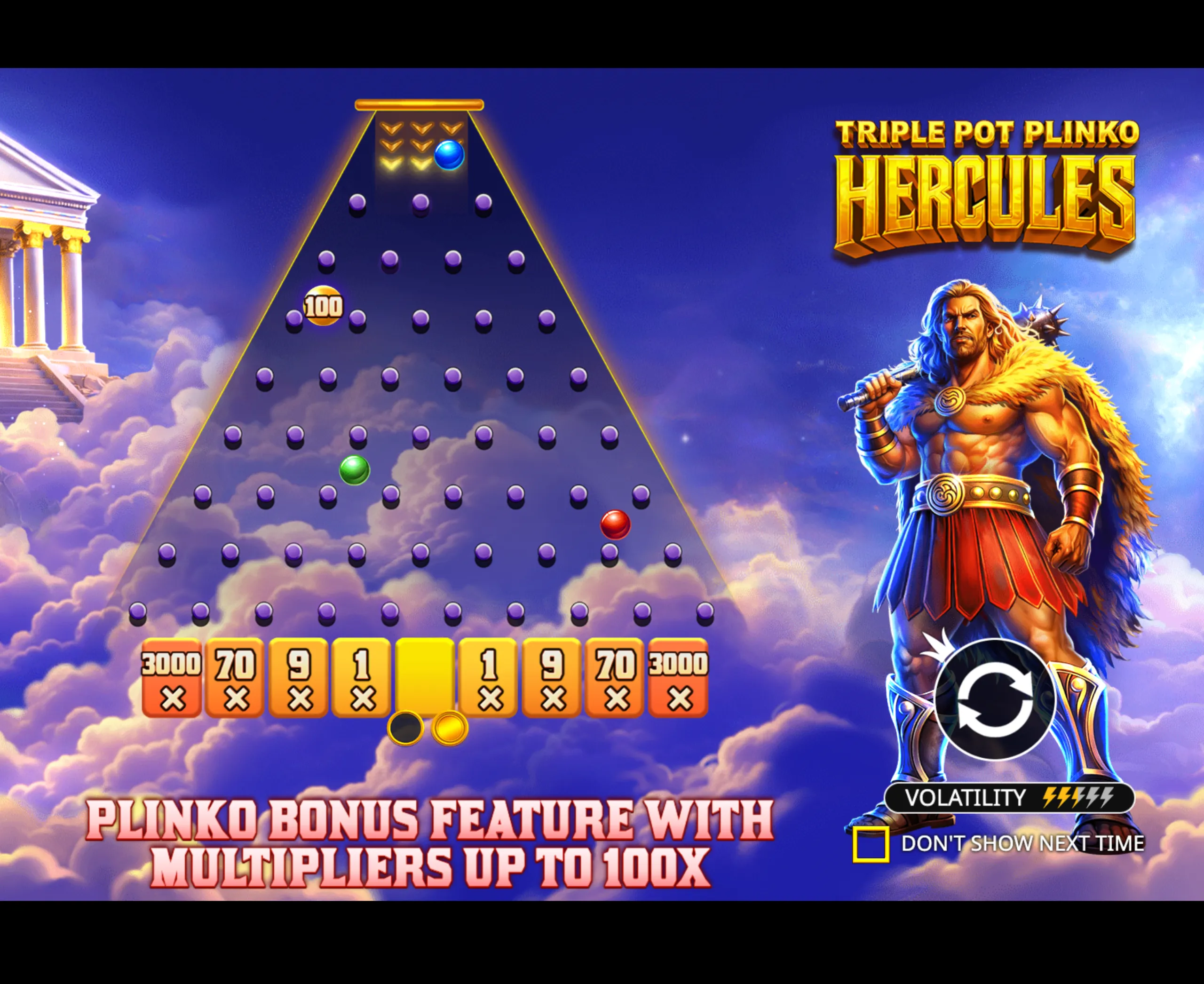 A plinko board with colored balls and multiplier values set against a cloudy sky with a muscular Hercules character holding a spiked club, and a Greek temple in the background.