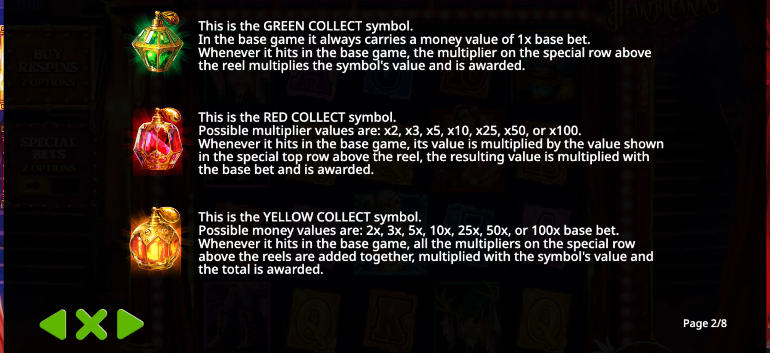 Detailed explanation of the green, red, and yellow collect symbols in Heartbreakers slot game, including their multiplier values and how they affect payouts.