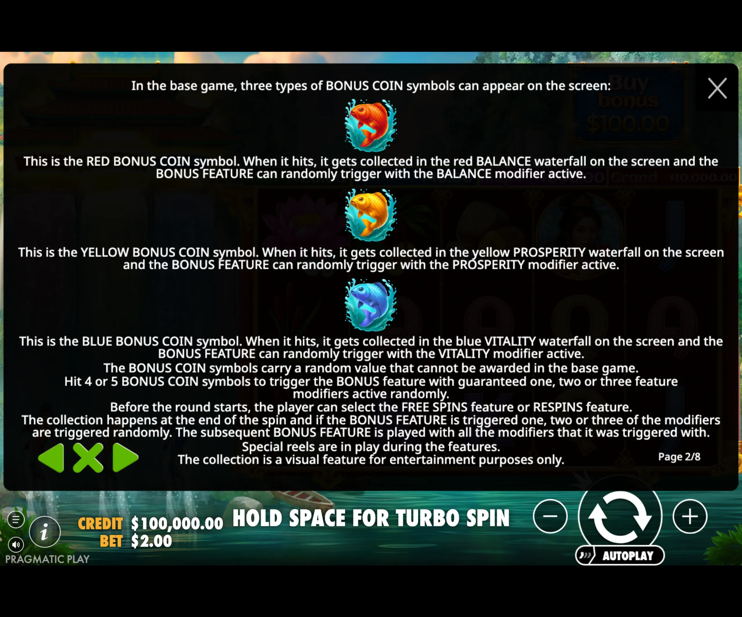 Dragon's Gate - Bonus Choice paytable page 2 with symbol payouts