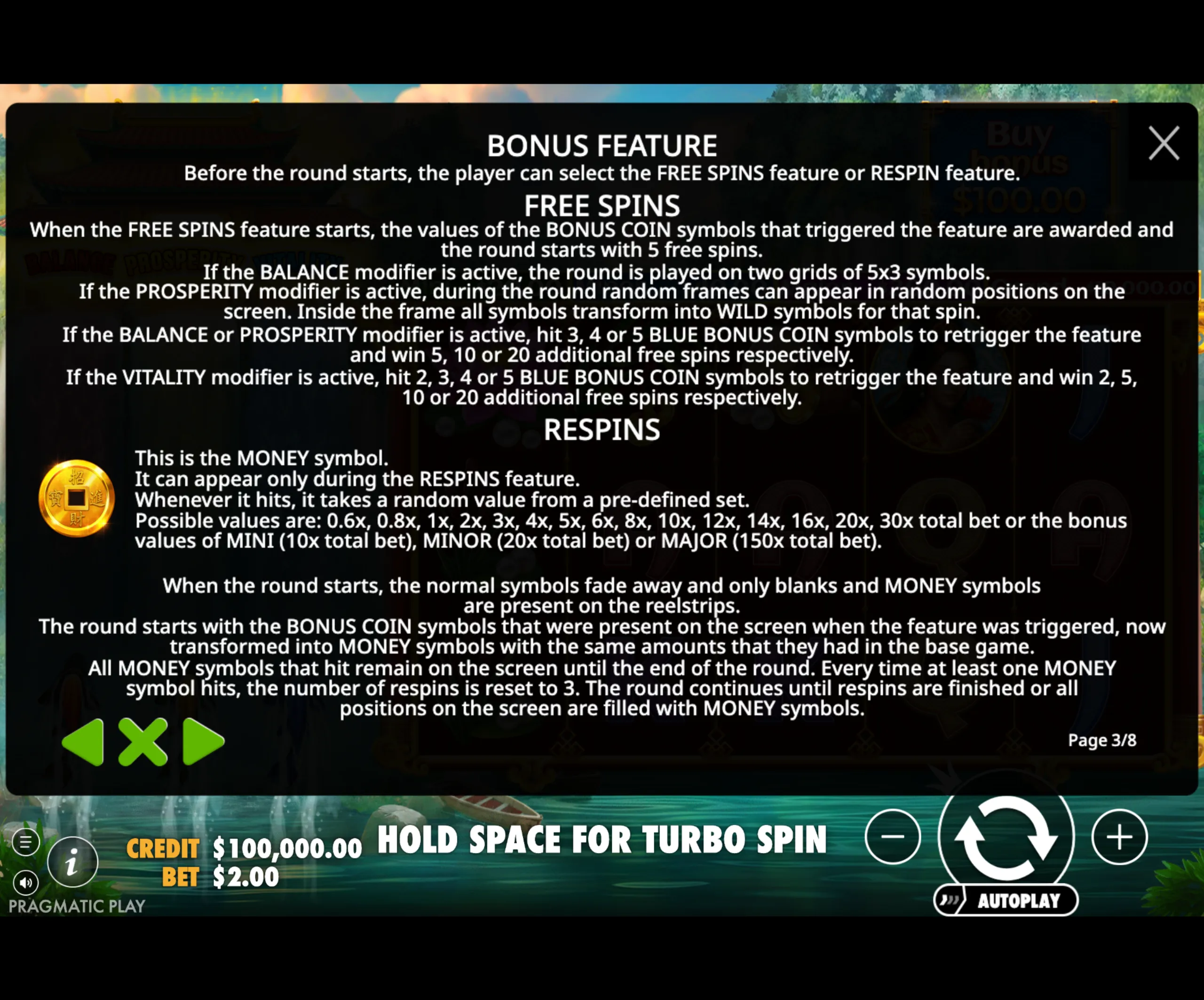 Dragon's Gate - Bonus Choice paytable page 3 with symbol payouts