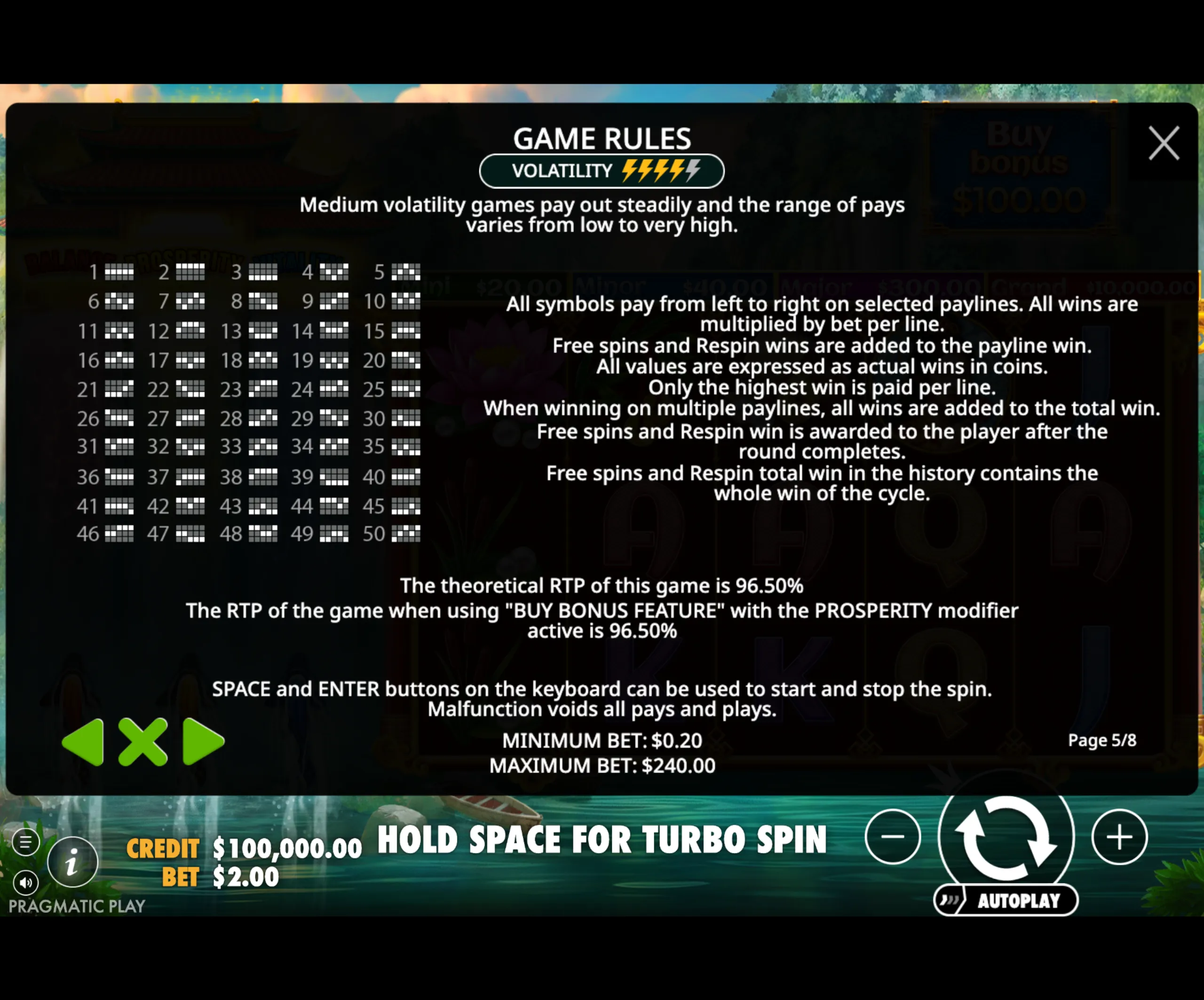 Dragon's Gate - Bonus Choice paytable page 4 with symbol payouts