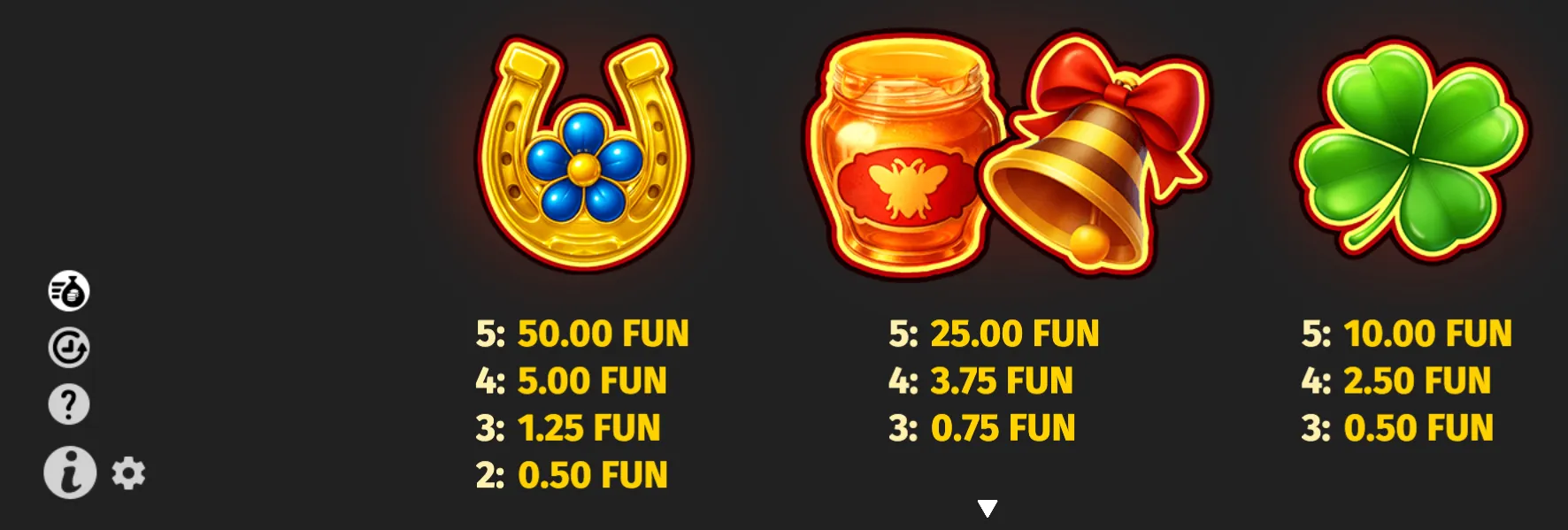 Royal Beellion slot symbols featuring a blue-flowered golden horseshoe, honey jar and ringing bell, and a bright green four-leaf clover above a FUN payout table.